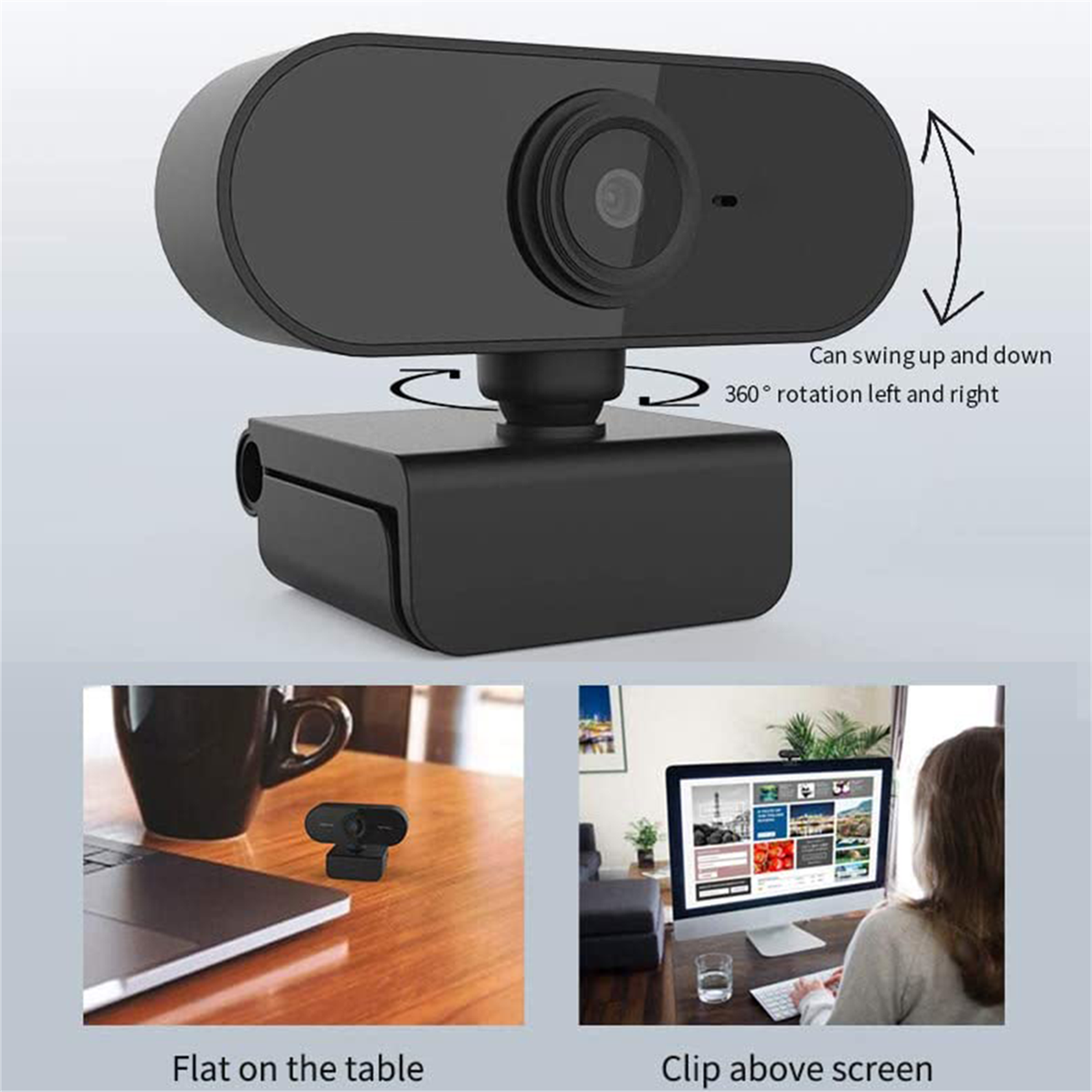 Schwarze Webcam mit verstellbarem Kopf und Sockel. Auf einem Tisch und an einem Monitor befestigt.