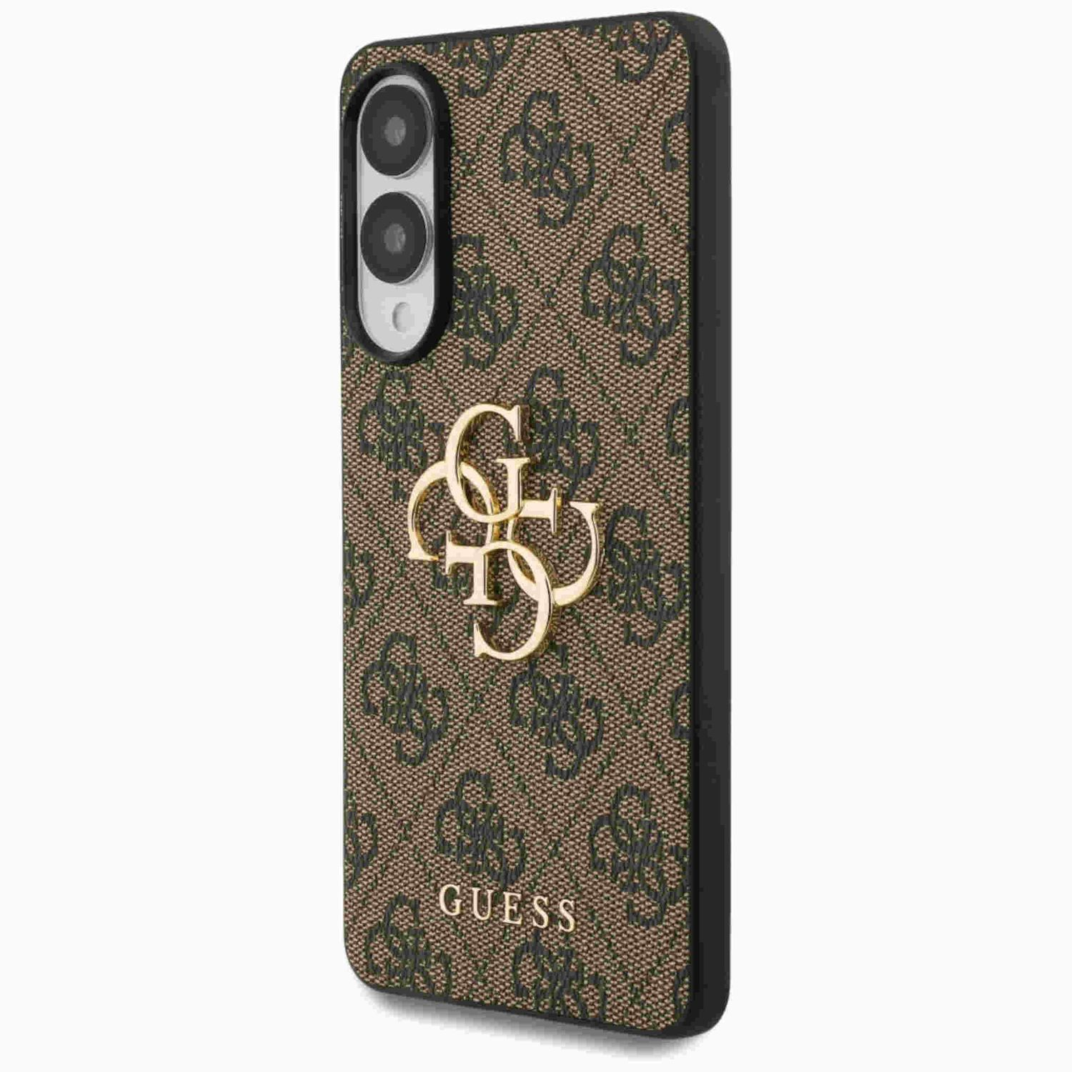 Handyhülle mit GUESS-Logo. Die Hülle ist braun mit Muster und goldenem Logo.