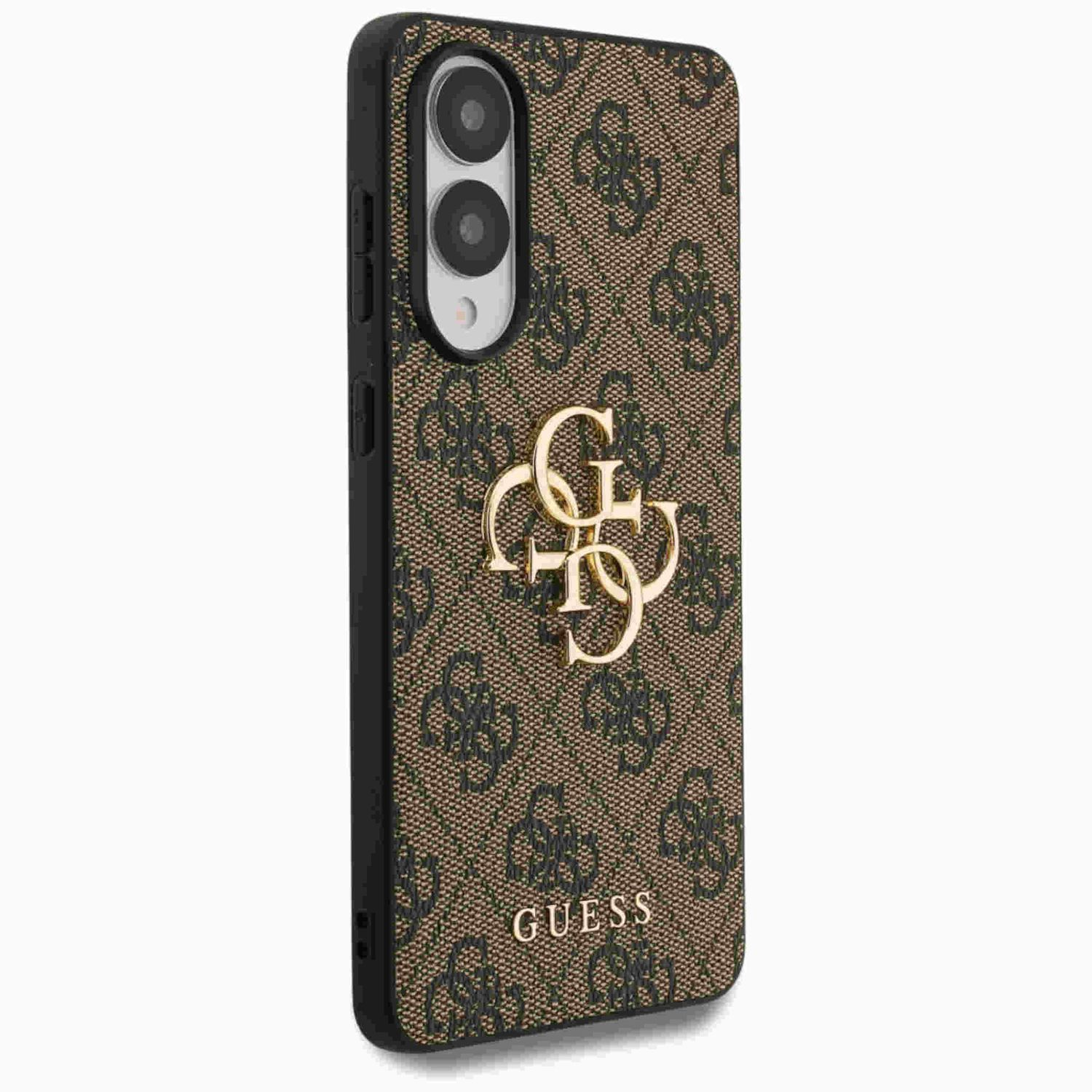 Eine Handyhülle mit braunem und schwarzem Muster, goldenem Logo und schwarzem Rand.