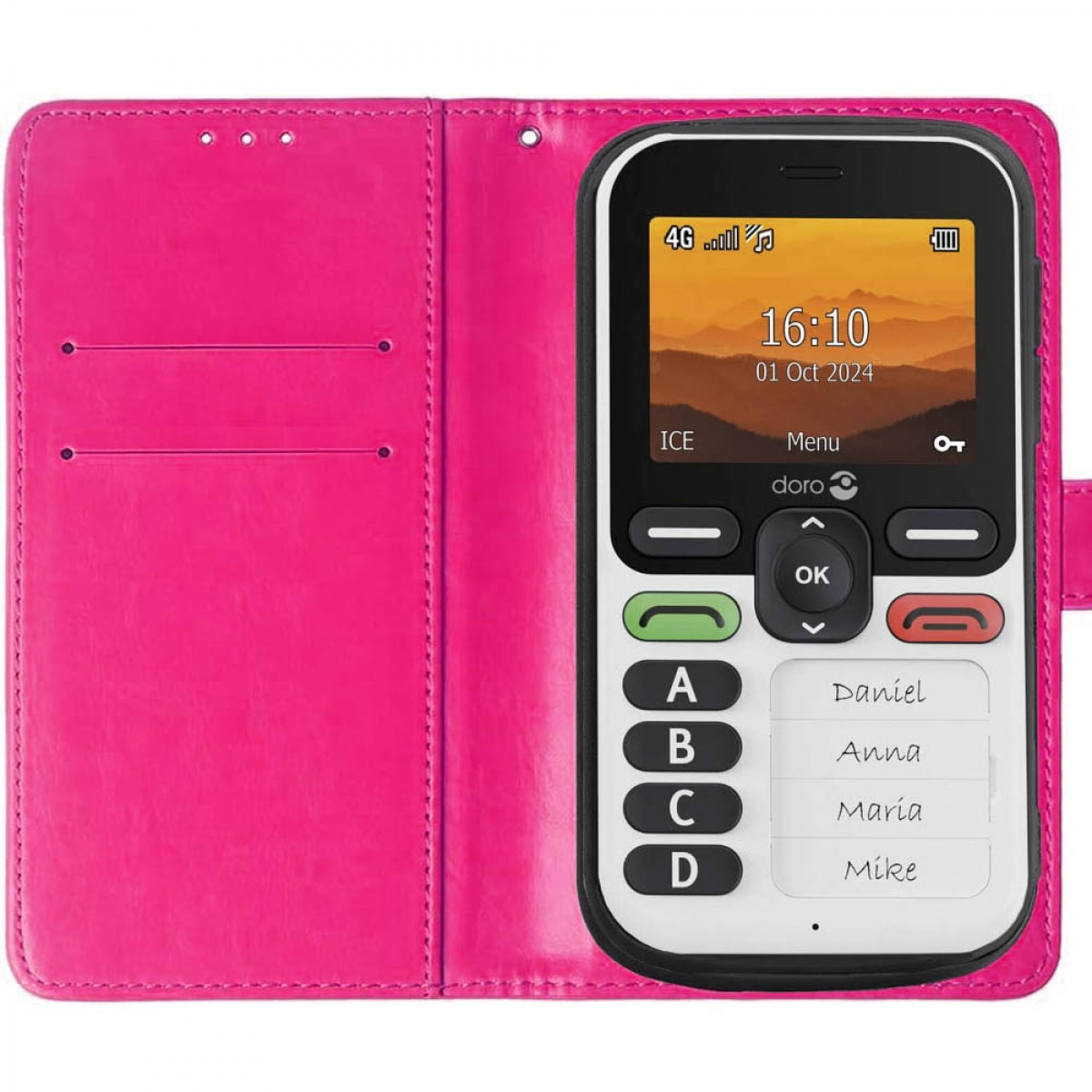 Rosa Handyhülle mit weißem Telefon. Das Telefon hat einen Bildschirm und Knöpfe.