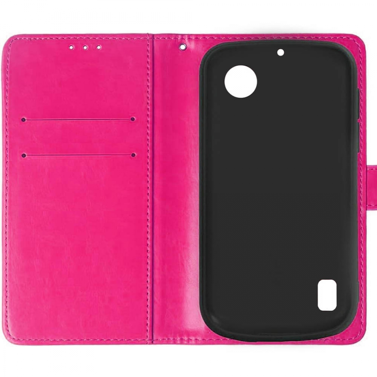 Rosa Handyhülle mit schwarzem Innenraum. Mit Kartenfächern und einem Telefonhalter. Offenes Design.