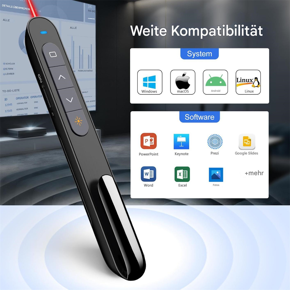 Eine schwarze Präsentationsfernbedienung mit Tasten und einem Laserpointer, mit Symbolen für kompatible Systeme und Software.