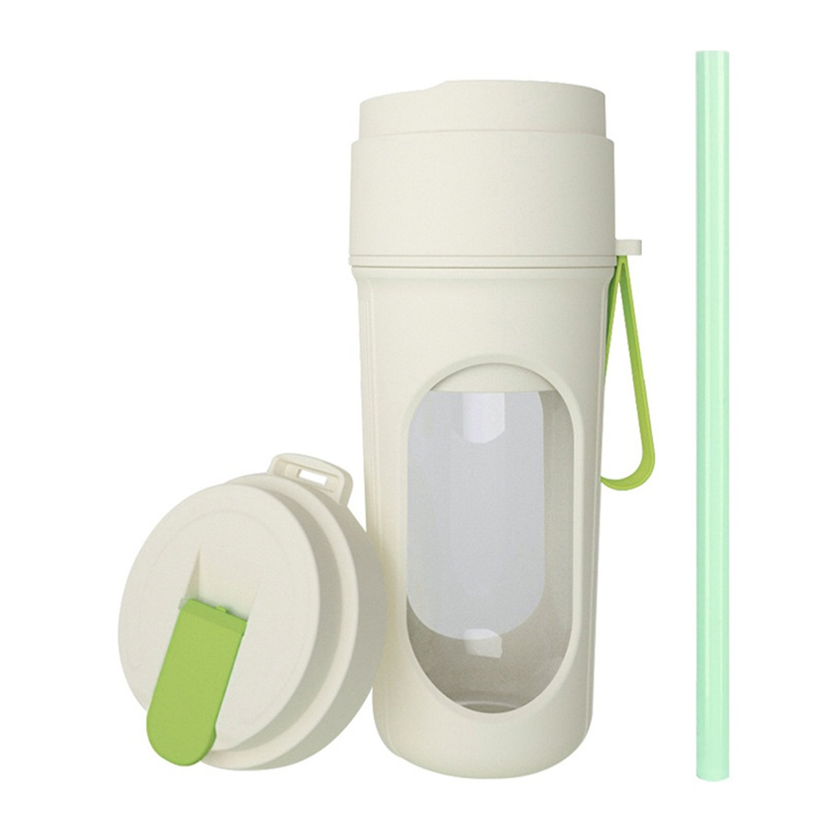 Eine weiße Wasserflasche mit transparentem Fenster. Sie enthält einen Deckel, einen grünen Strohhalm und einen grünen Griff.