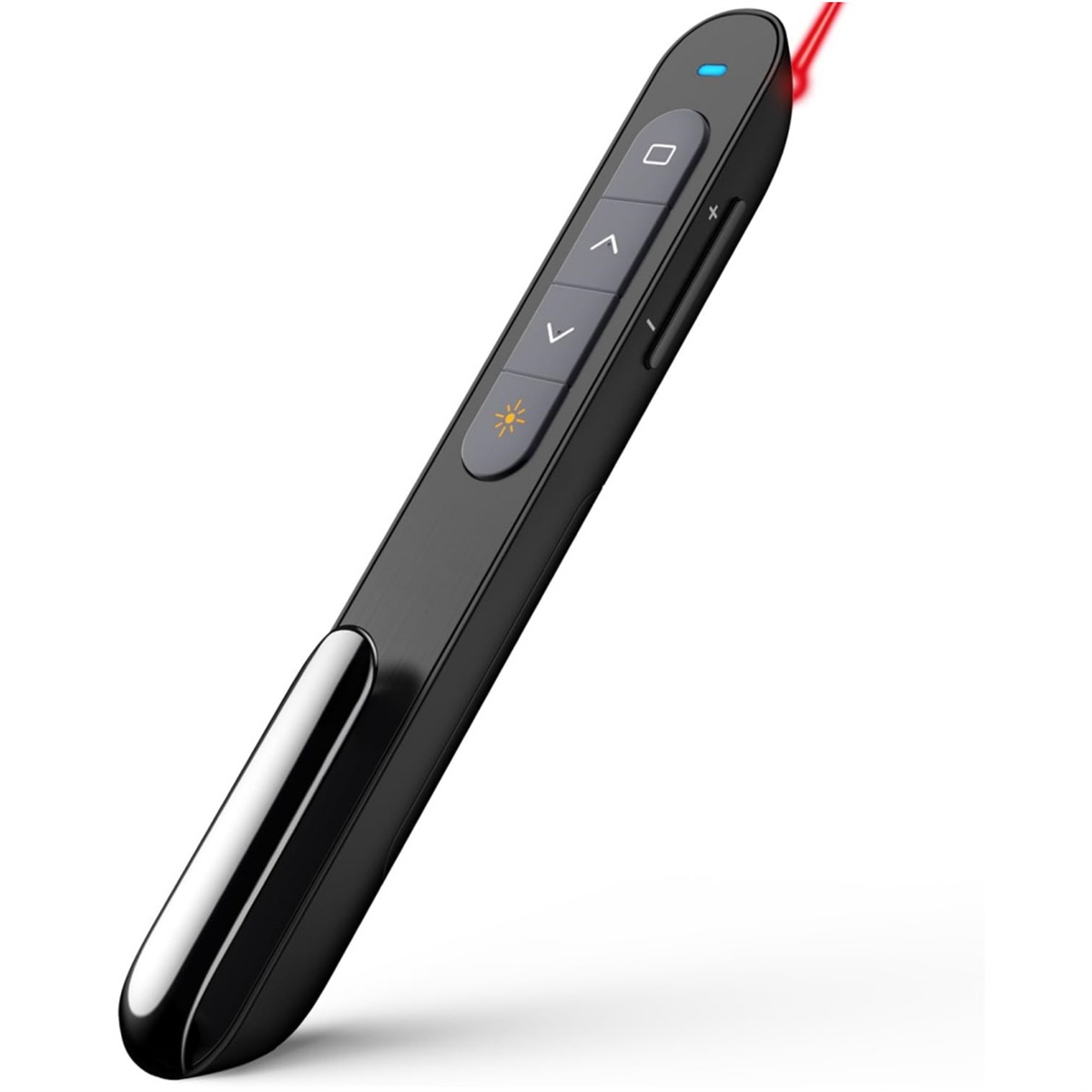 Eine schwarze Präsentationsfernbedienung mit Laserpointer, Tasten und einem schlanken Design; enthält einen roten Laserstrahl.
