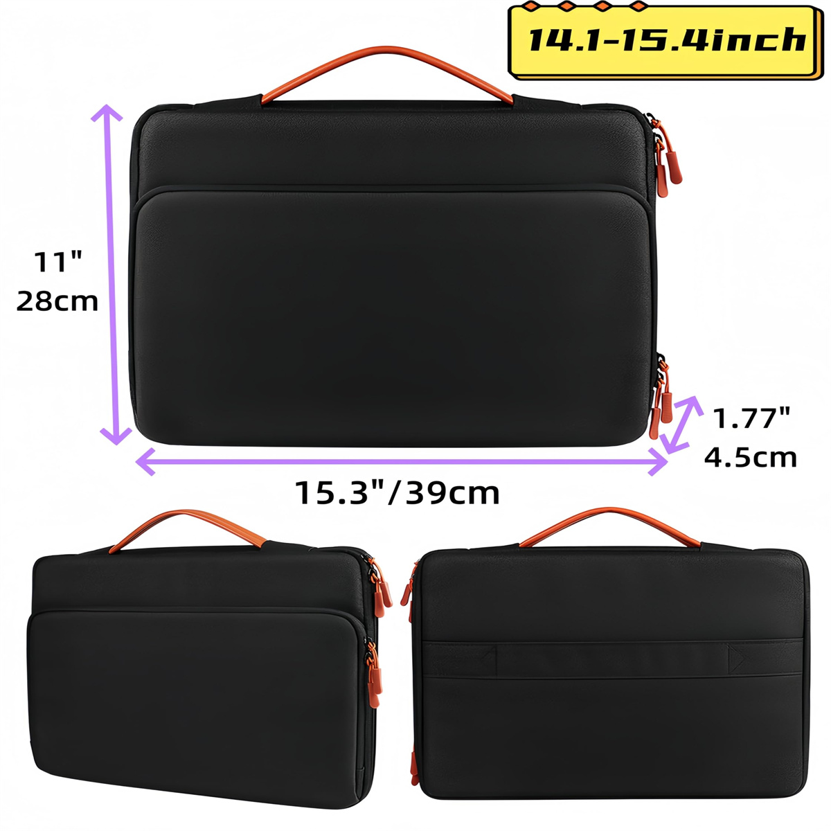Schwarze Laptoptasche mit orangefarbenen Reißverschlüssen und Griff. Abmessungen: 15,3"/39cm, 11"/28cm, 1,77"/4,5cm.