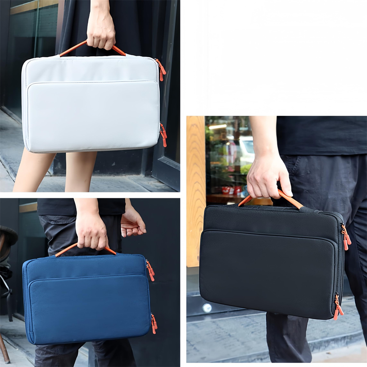 Collage von Laptop-Taschen in Weiß, Blau und Schwarz, gehalten von Personen.