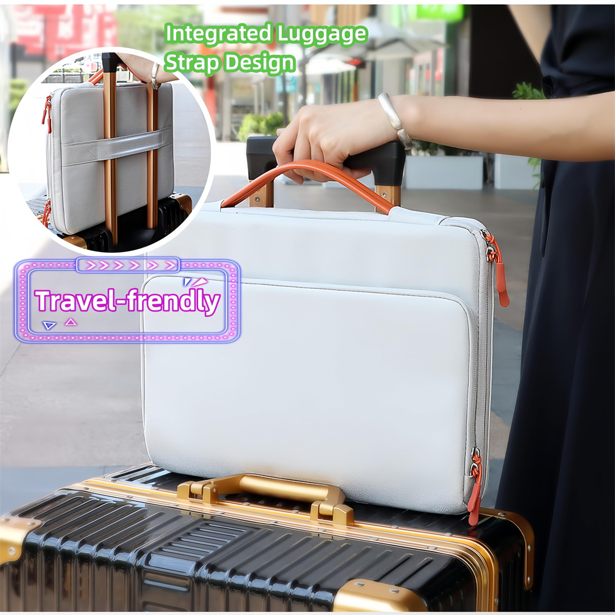 Frau hält eine hellgraue Laptoptasche auf einem Koffer. Die Tasche hat orangefarbene Reißverschlüsse und einen Griff, reisefreundlich.