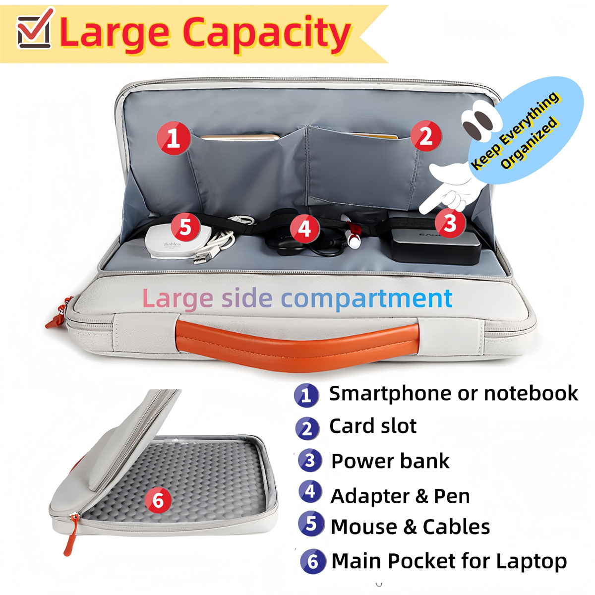 Offene Laptoptasche mit Fächern für Gegenstände wie Powerbank und Maus.