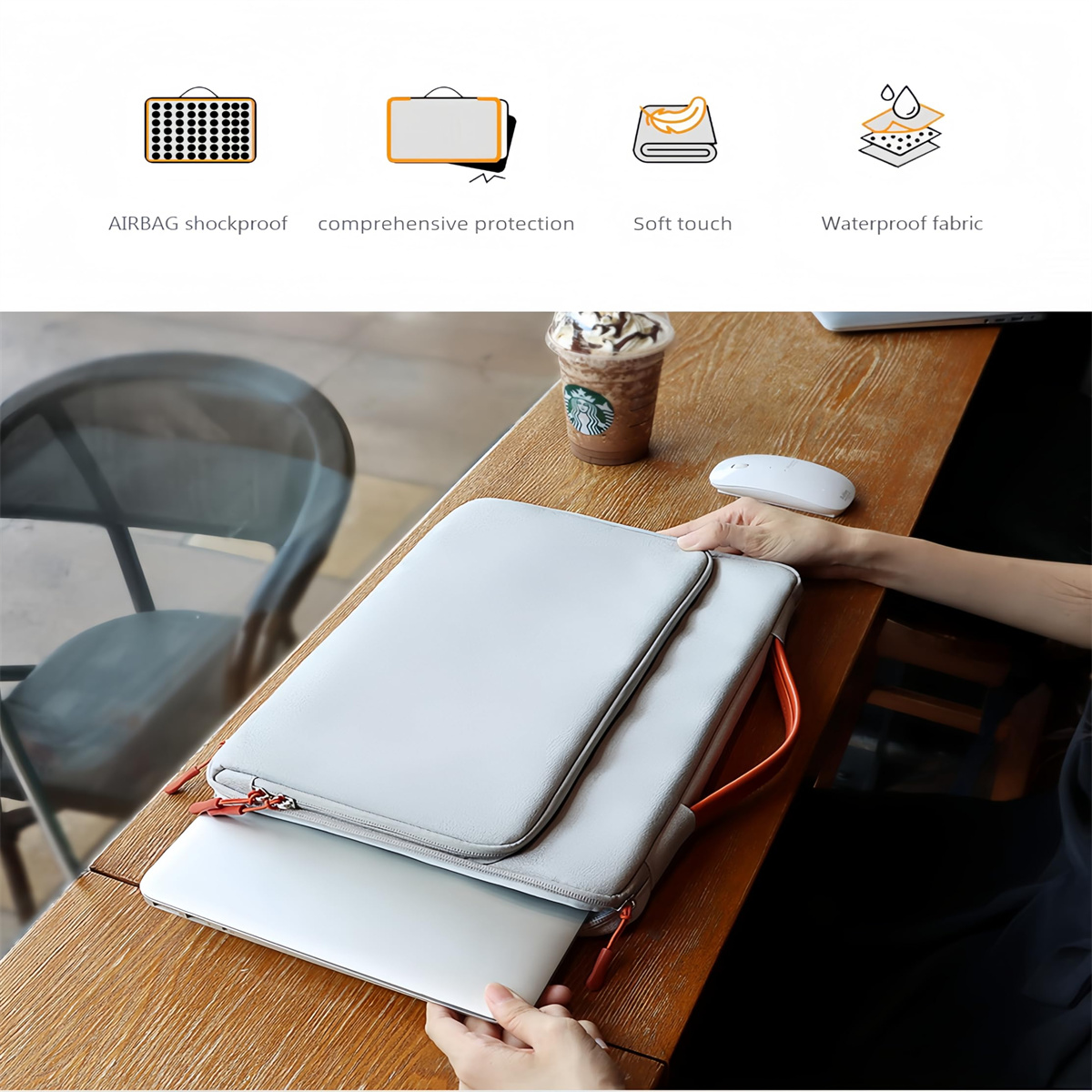 Laptoptasche mit Laptop, Icons zeigen Funktionen wie stoßfest.