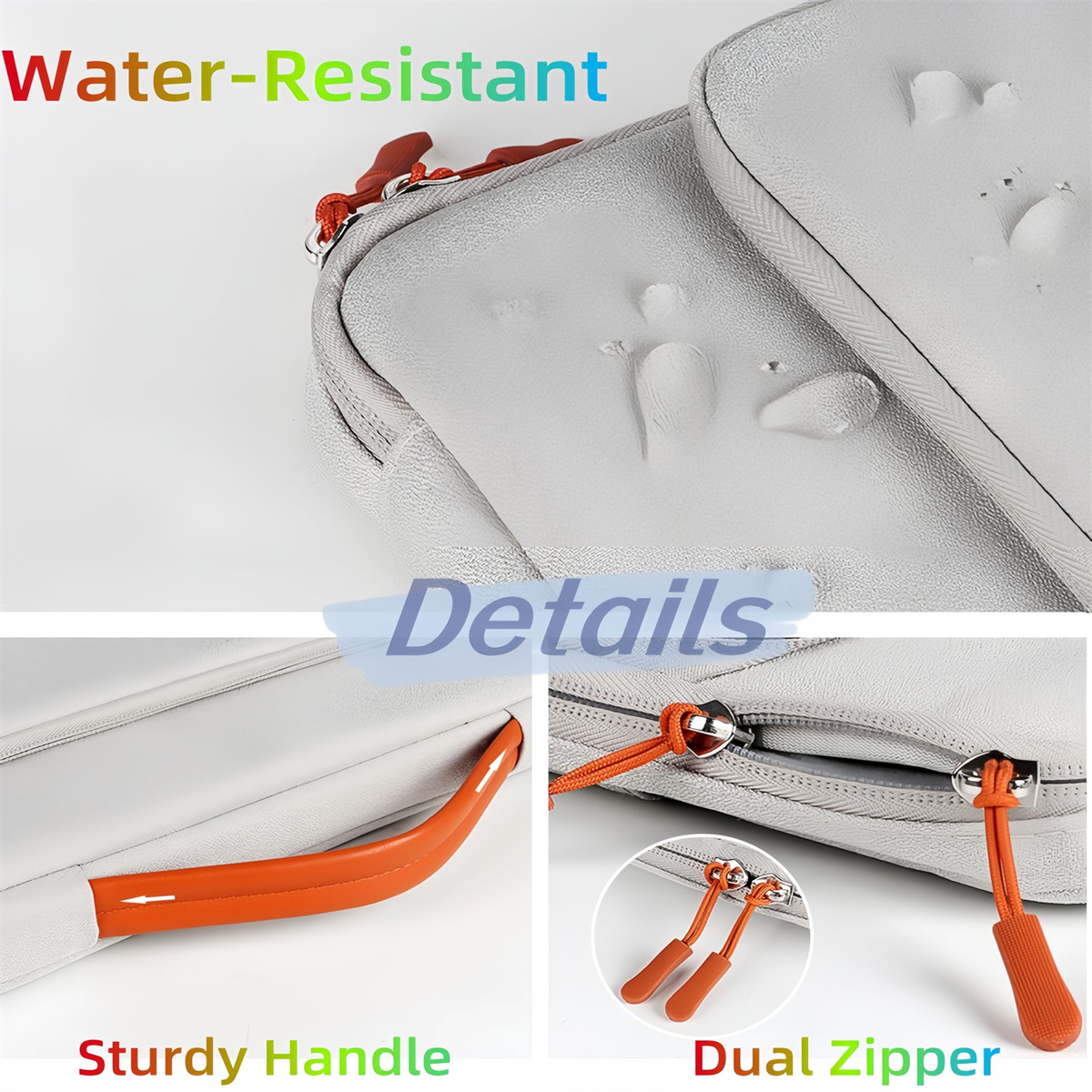 Nahaufnahmen von einer grauen Laptoptasche mit orangefarbenem Griff und zwei Reißverschlüssen. Wasserabweisendes Material wird gezeigt.