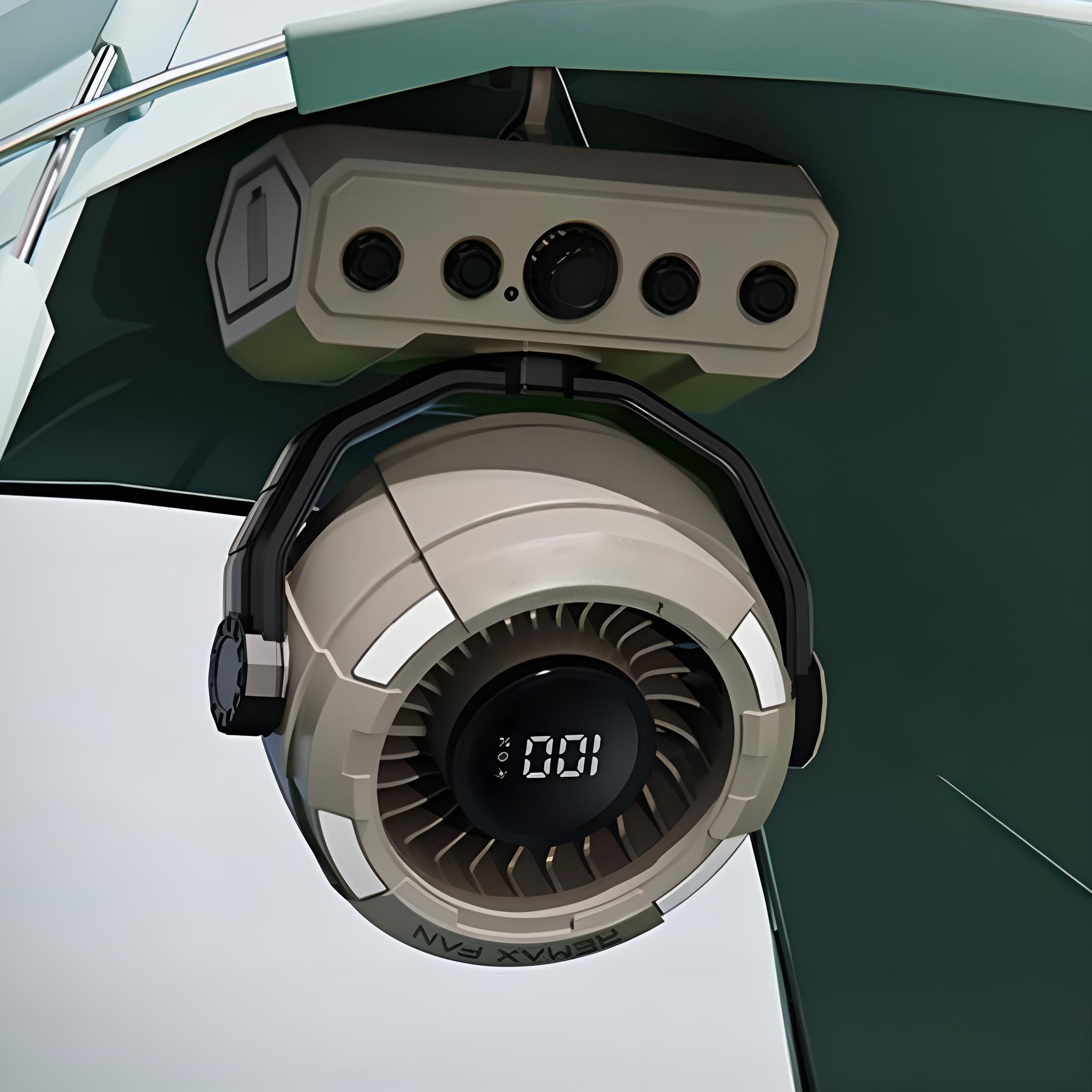Ventilator mit digitaler Anzeige, an einem Träger befestigt, von einer Decke hängend.