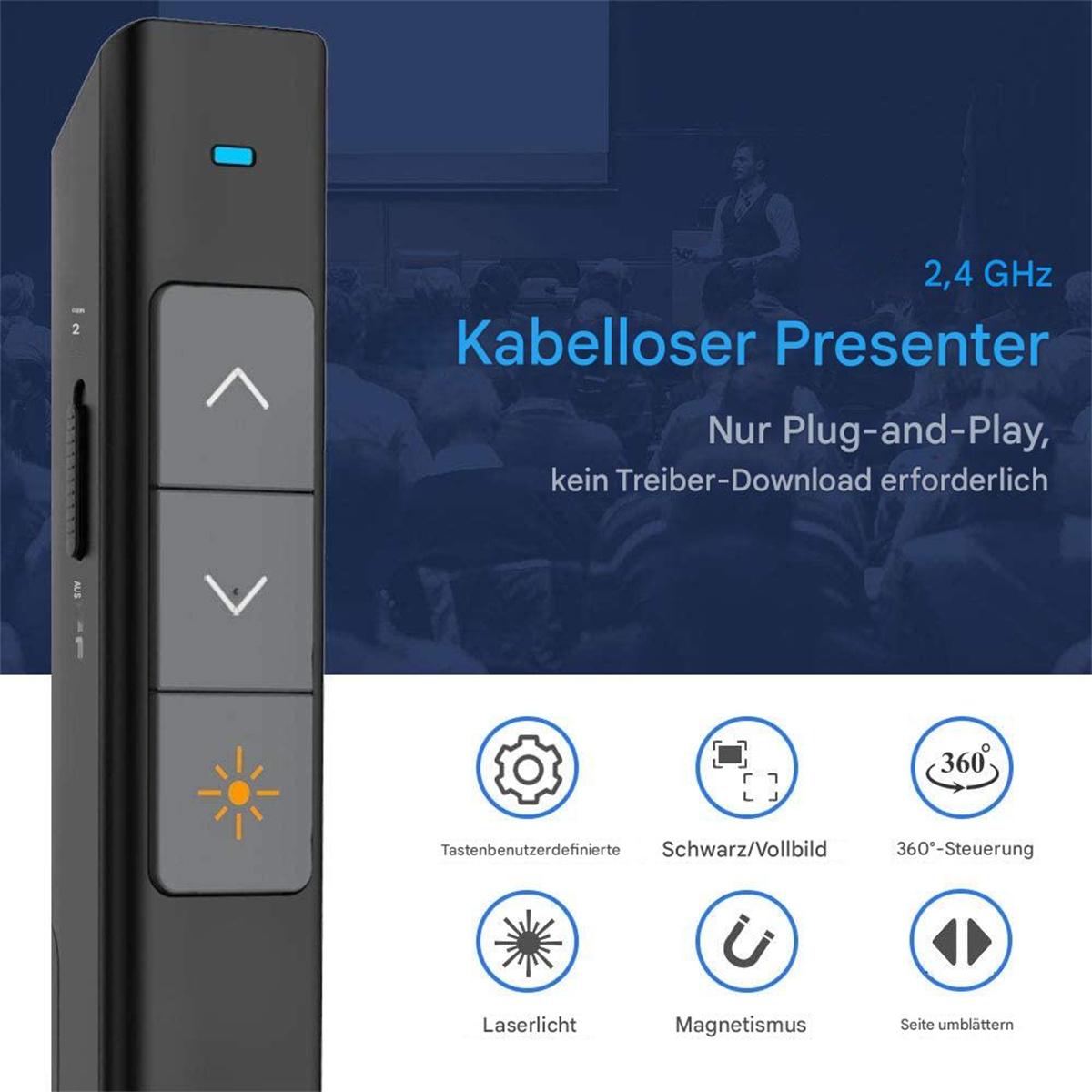 Ein schwarzer Präsentator mit Knöpfen, Logos und Text, der im Hintergrund eine Präsentation zeigt.