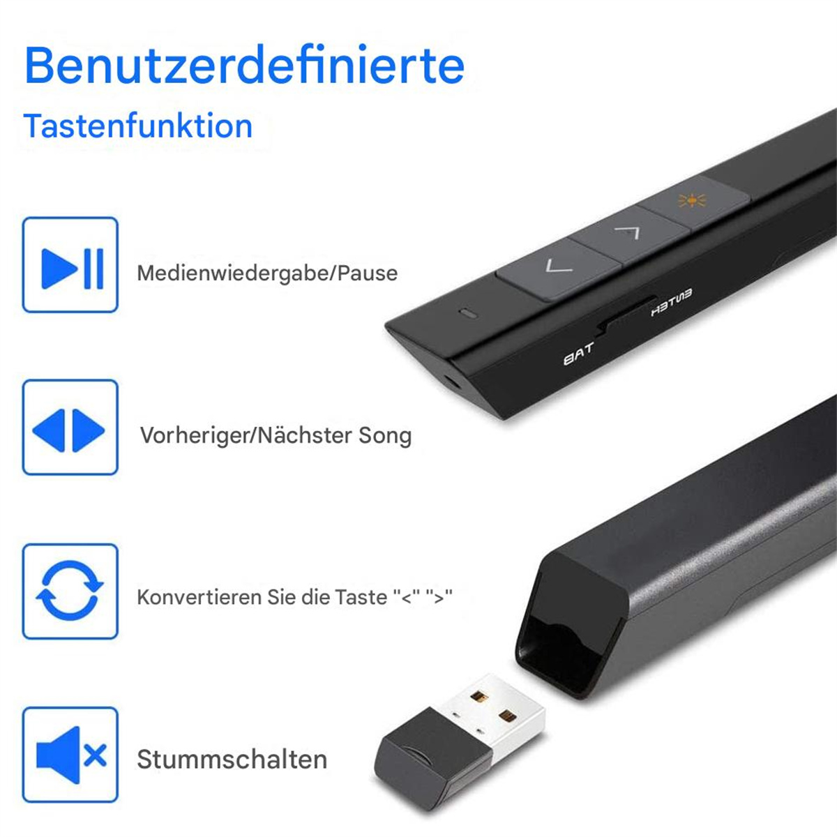 Diagramm, das die Funktionen einer Präsentationsfernbedienung zeigt: Mediensteuerung, Songnavigation und Stummschaltfunktionen.