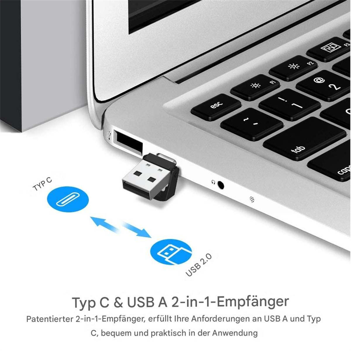 USB-C- und USB-2.0-Adapter, an einen Laptop angeschlossen, mit Pfeilen.