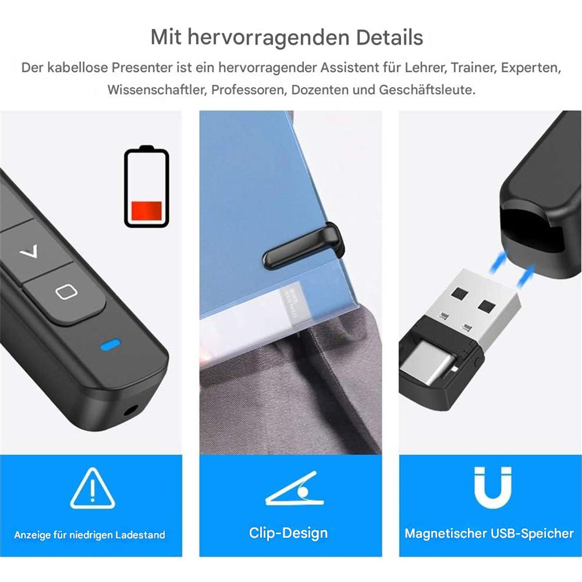 Ein schwarzer Präsentator mit Symbolen für schwache Batterie, Clip-Design und USB-Speicher.