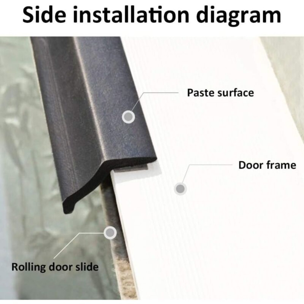 Diagramm der Platzierung eines schwarzen Klebestreifens an einem Türrahmen mit Beschriftungen.