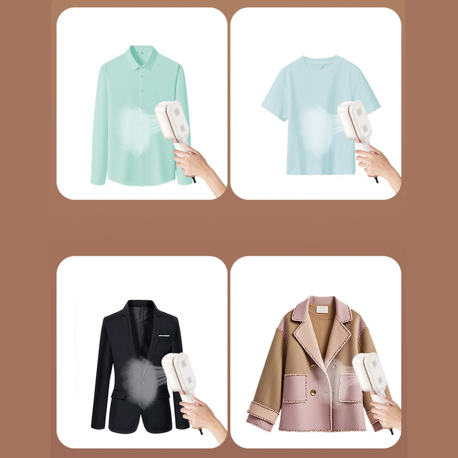 Vier Bilder, die das Bügeln von Kleidung zeigen. Hemden, ein Blazer und ein Mantel werden gebügelt.