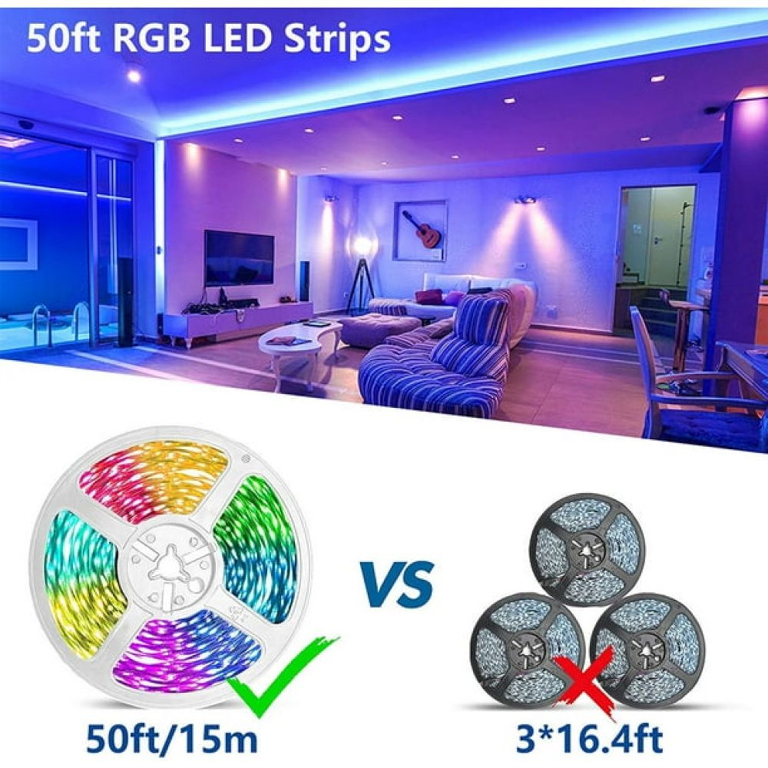 RGB-LED-Streifen im Vergleich zu einzelnen Spulen, gezeigt in einem Raum mit blauer Beleuchtung.