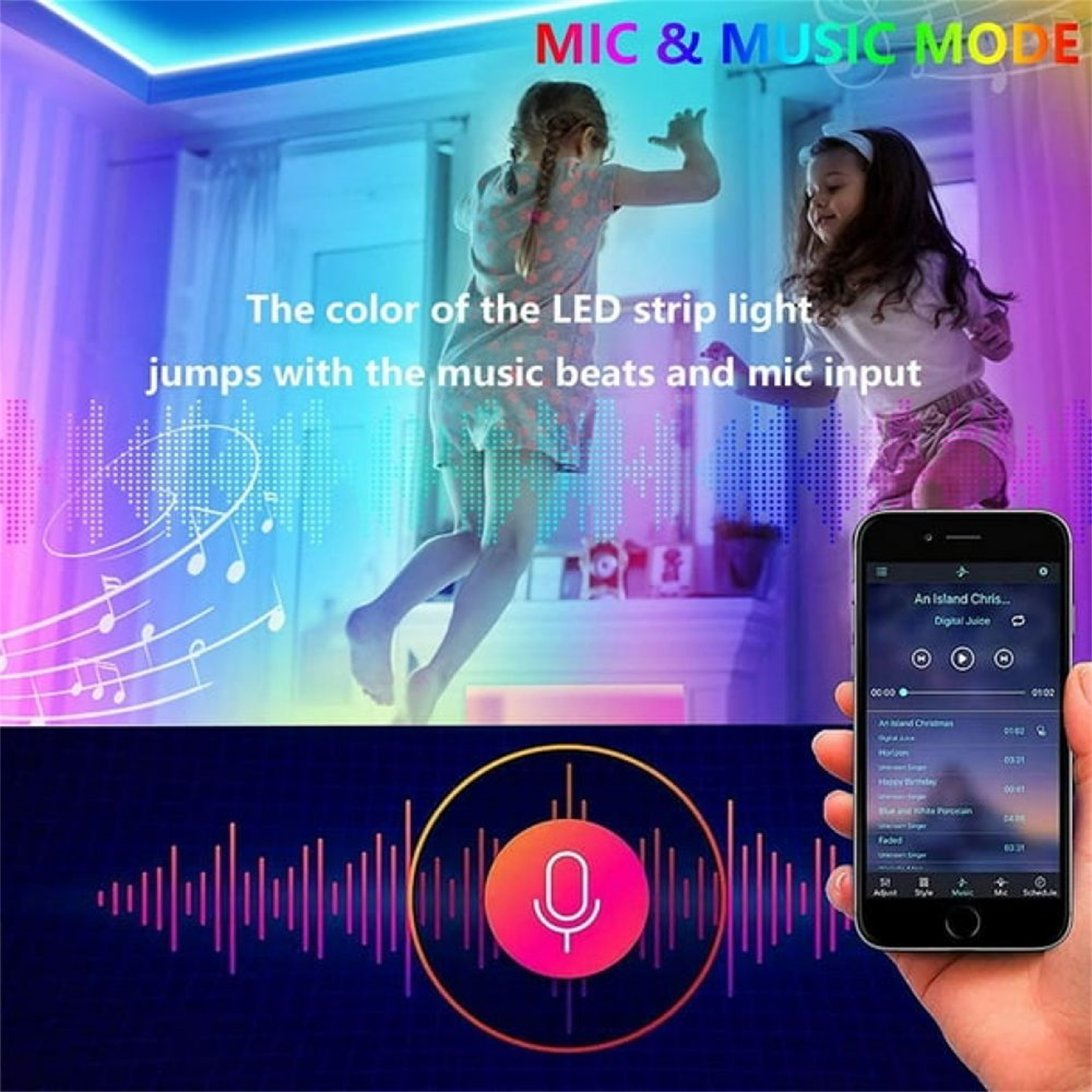 Zwei Mädchen tanzen mit LED-Lichtern. Telefon mit Musikoberfläche.