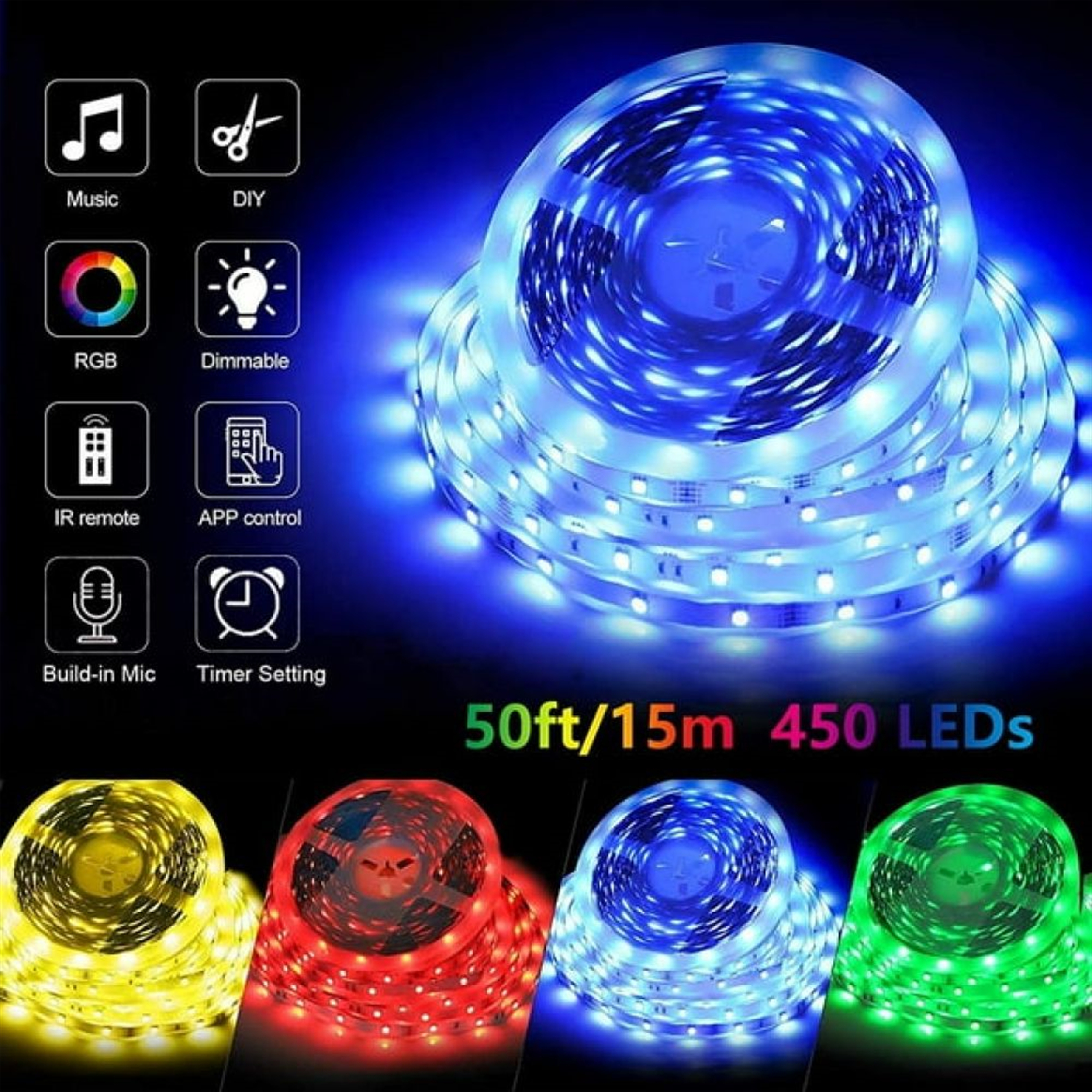 LED-Streifen, verschiedene Farben, mit Steuerungssymbolen. Rollen mit blauen LEDs im Fokus.