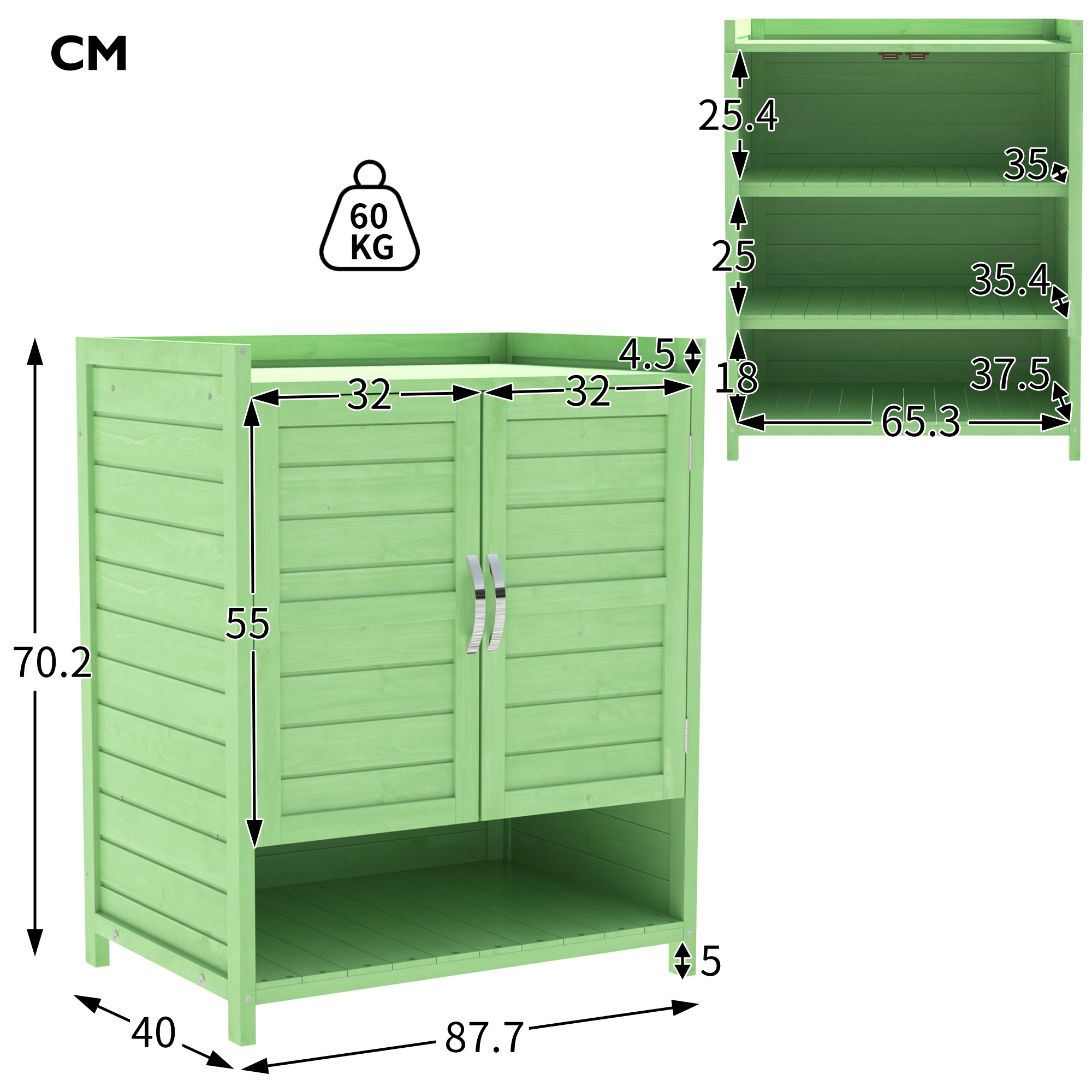 Grüner Holzschrank mit Maßen. Eine kleinere Version des Schranks wird gezeigt.