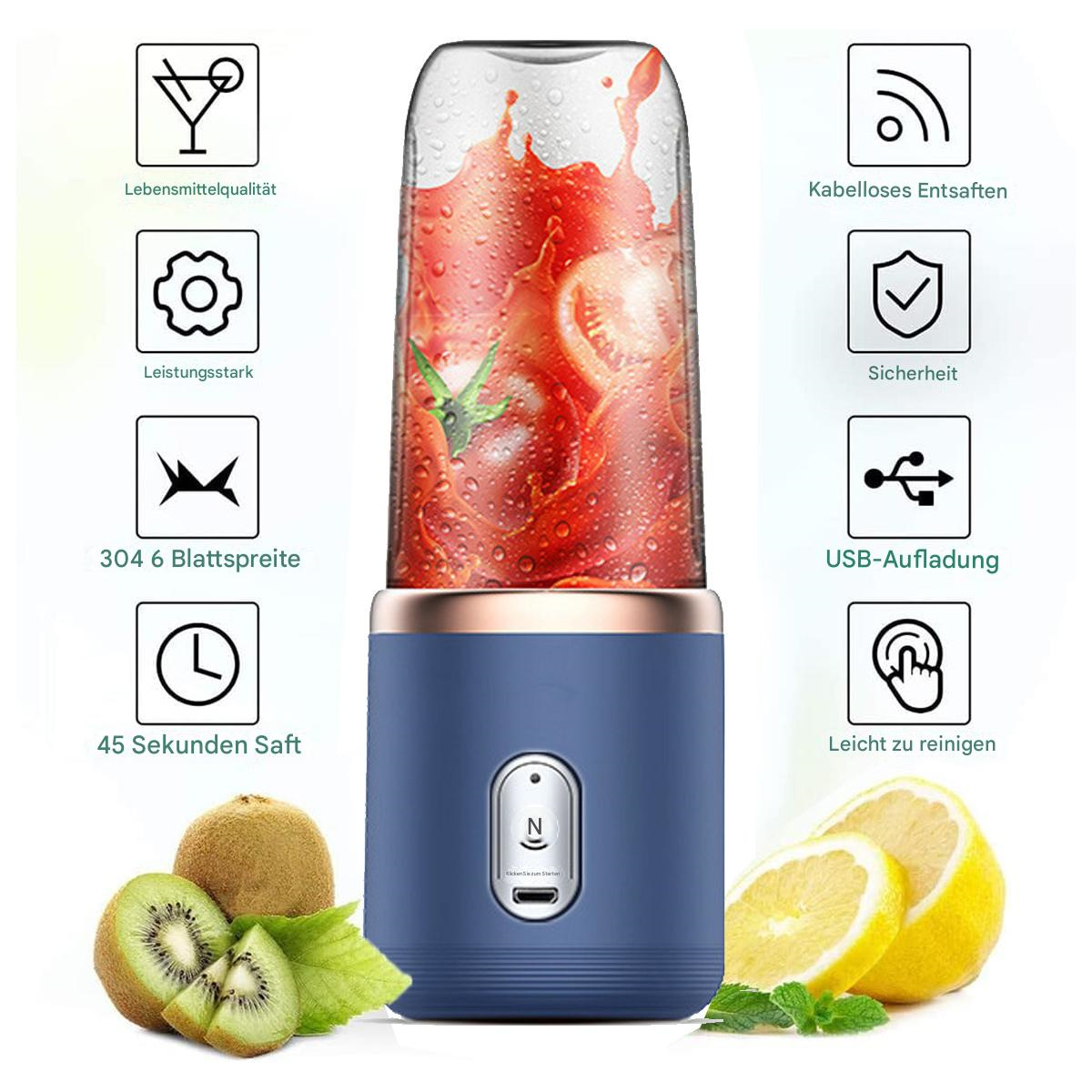 Blau-goldener Mixer mit Tomaten, Kiwis und Zitronen. Symbole für Funktionen werden angezeigt.