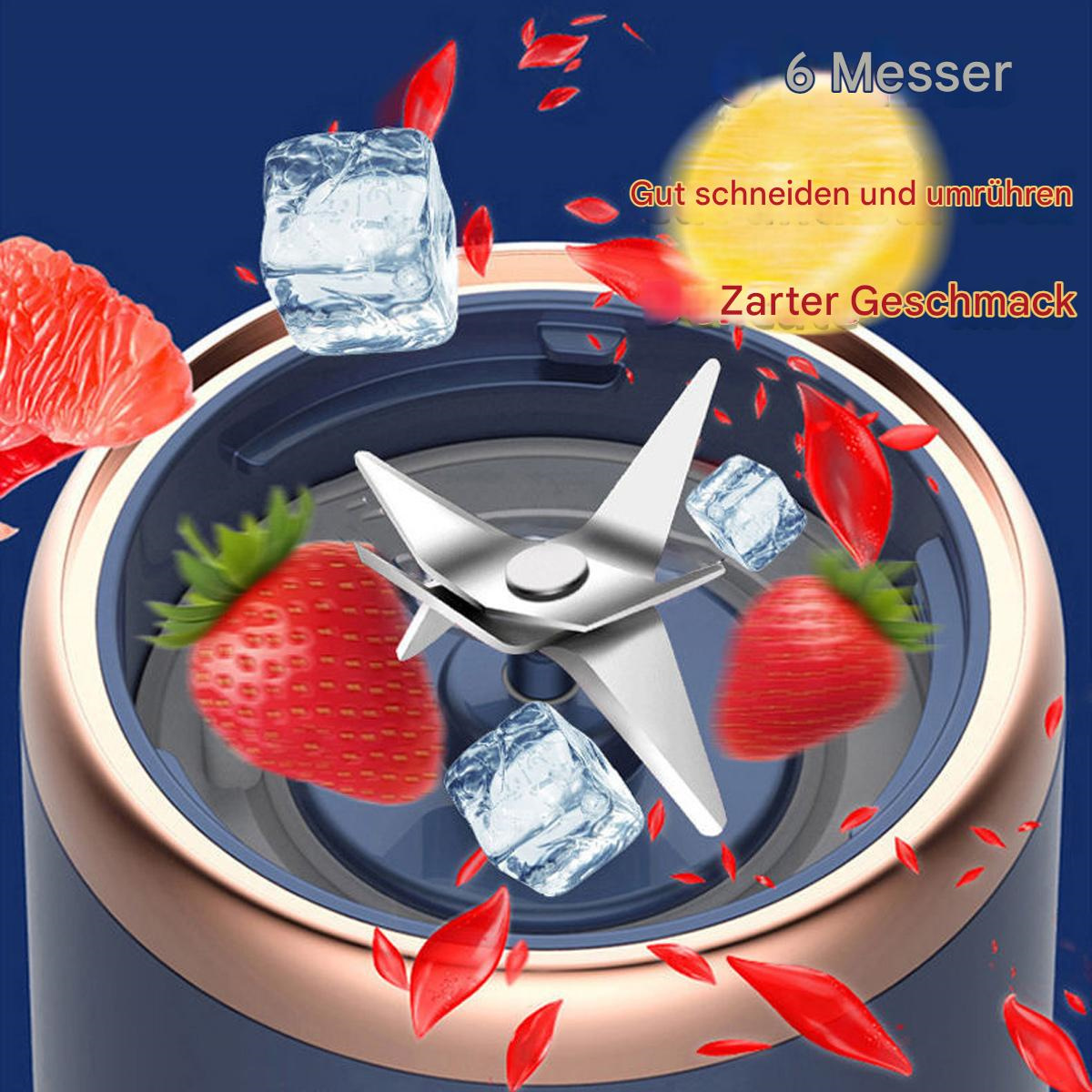 Mixerklingen mit Erdbeeren und Eiswürfeln. Text auf Deutsch.