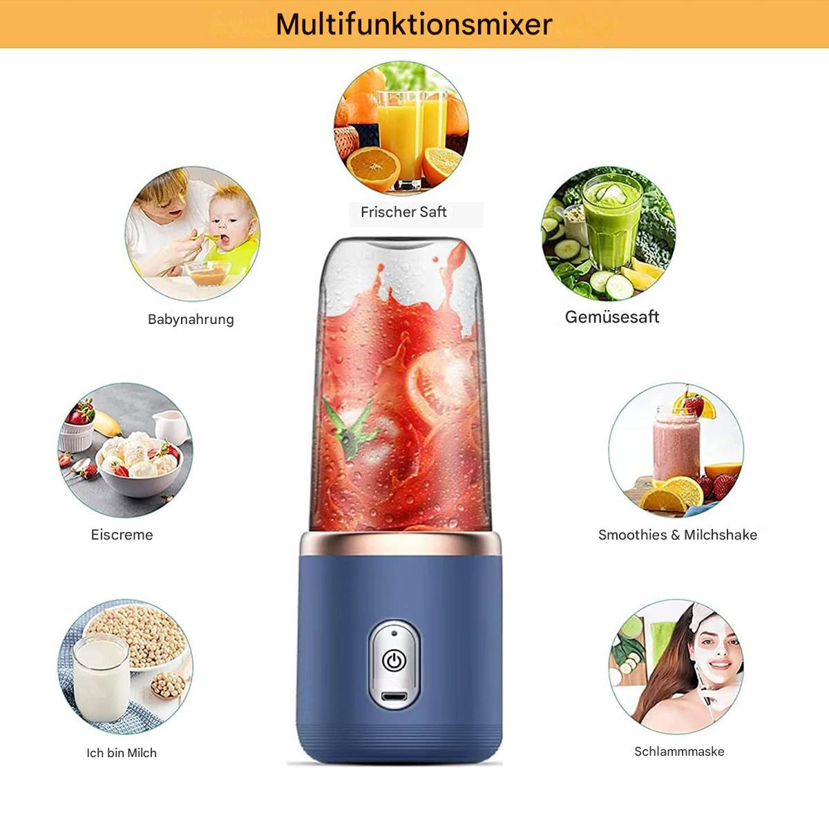 Mixer mit mehreren Verwendungen, dargestellt mit Symbolen. Enthält Saft, Babynahrung und Hautpflege.