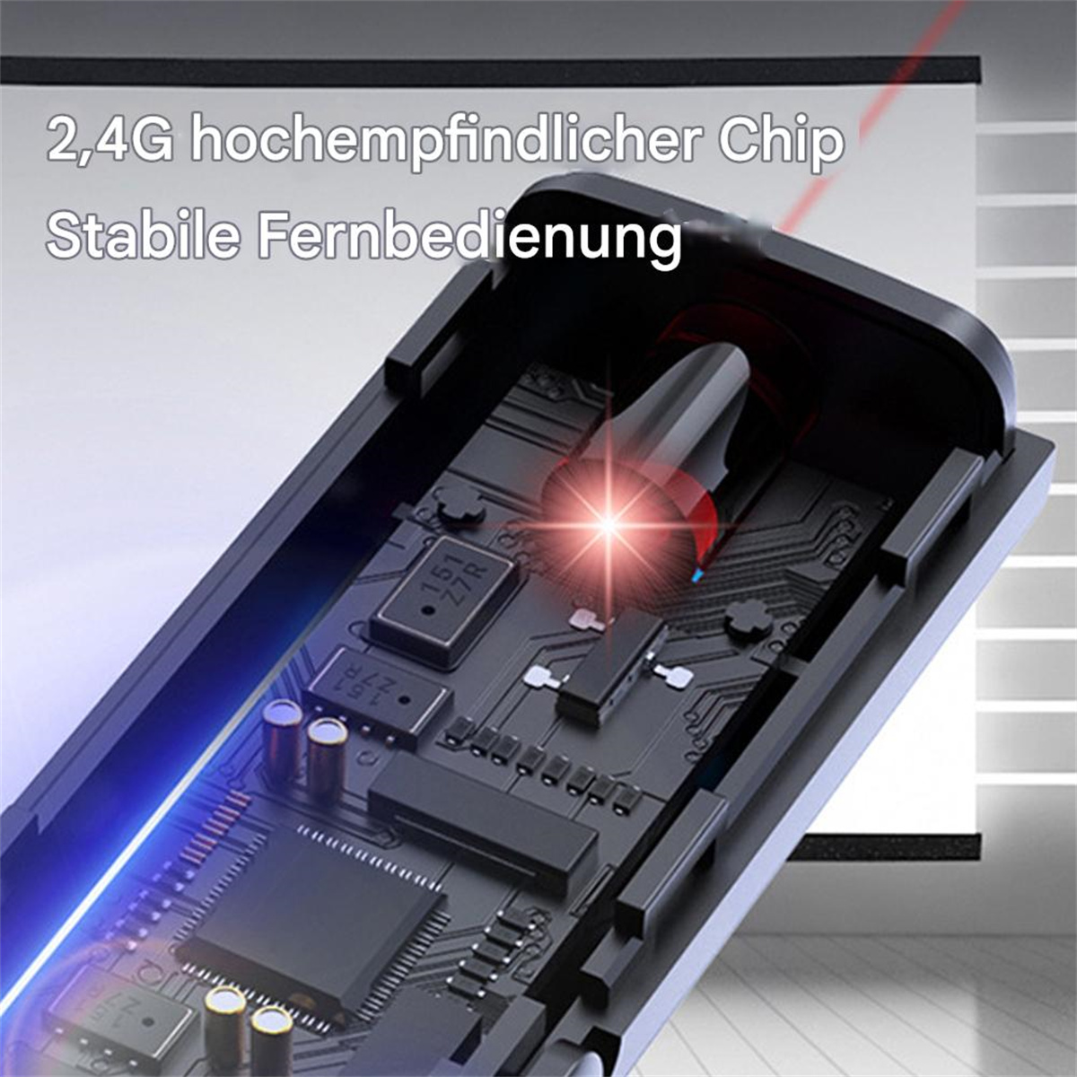 Nahaufnahme einer Leiterplatte mit Laserpointer und Text auf Deutsch.