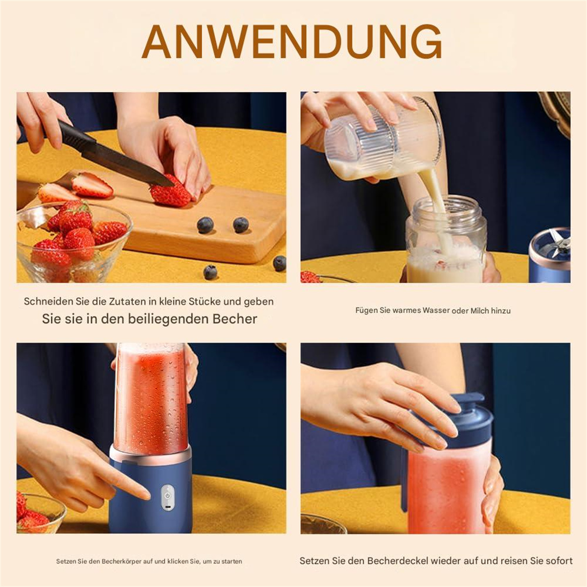 Vier Bilder, die die Schritte zur Herstellung eines Smoothies zeigen, mit Zutaten und einem Mixer.