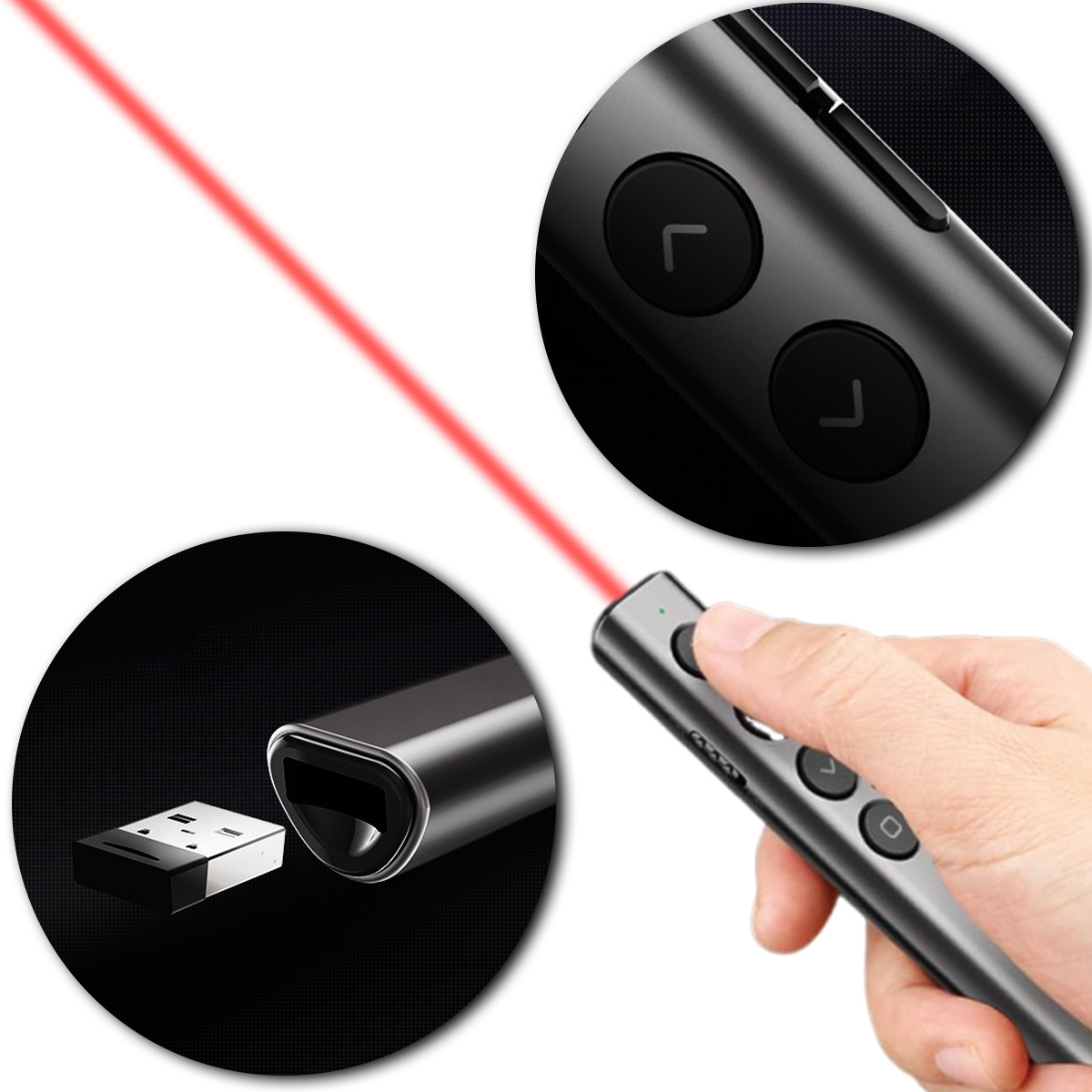 Nahaufnahme eines Laserpointers mit rotem Strahl. Inklusive USB-Empfänger und Steuertasten.