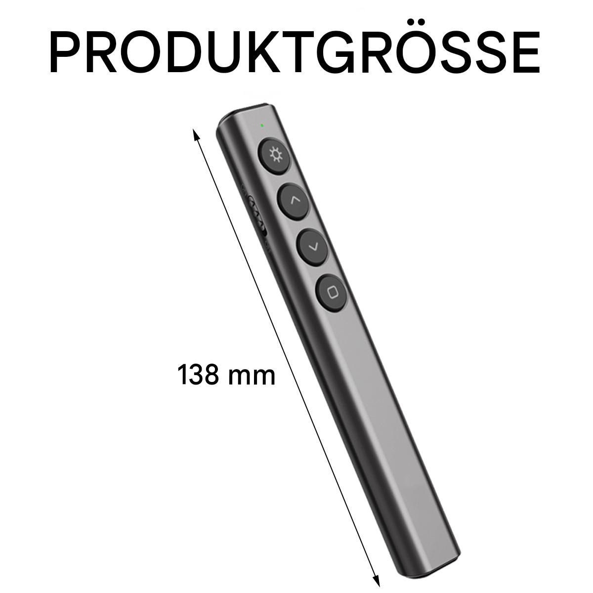 Silberner Laserpointer mit den Maßen: 138 mm lang. Produktgröße wird angezeigt.