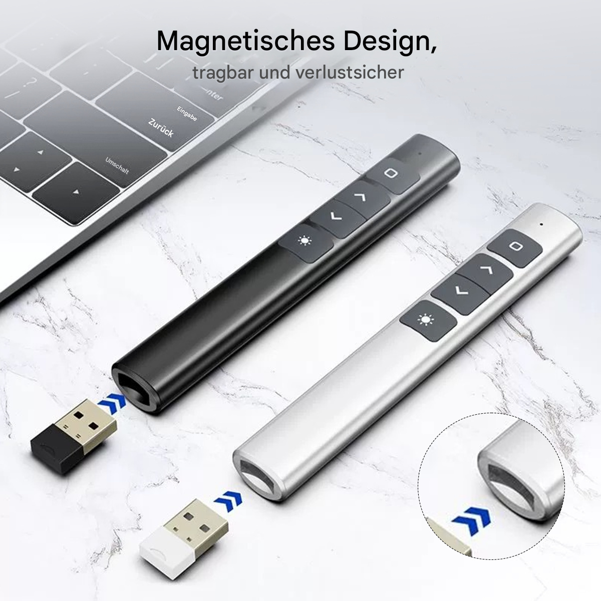 Zwei Präsentations-Fernbedienungen, schwarz und silber, mit USB-Empfängern, Tastatur.