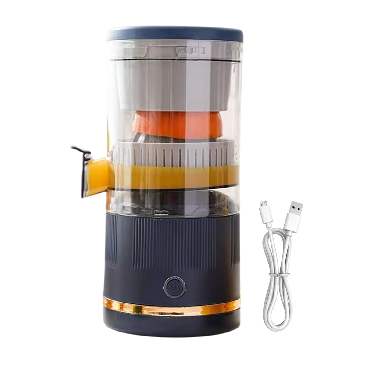 Ein tragbarer Entsafter mit USB-Kabel. Eine Orange befindet sich in dem transparenten Behälter.