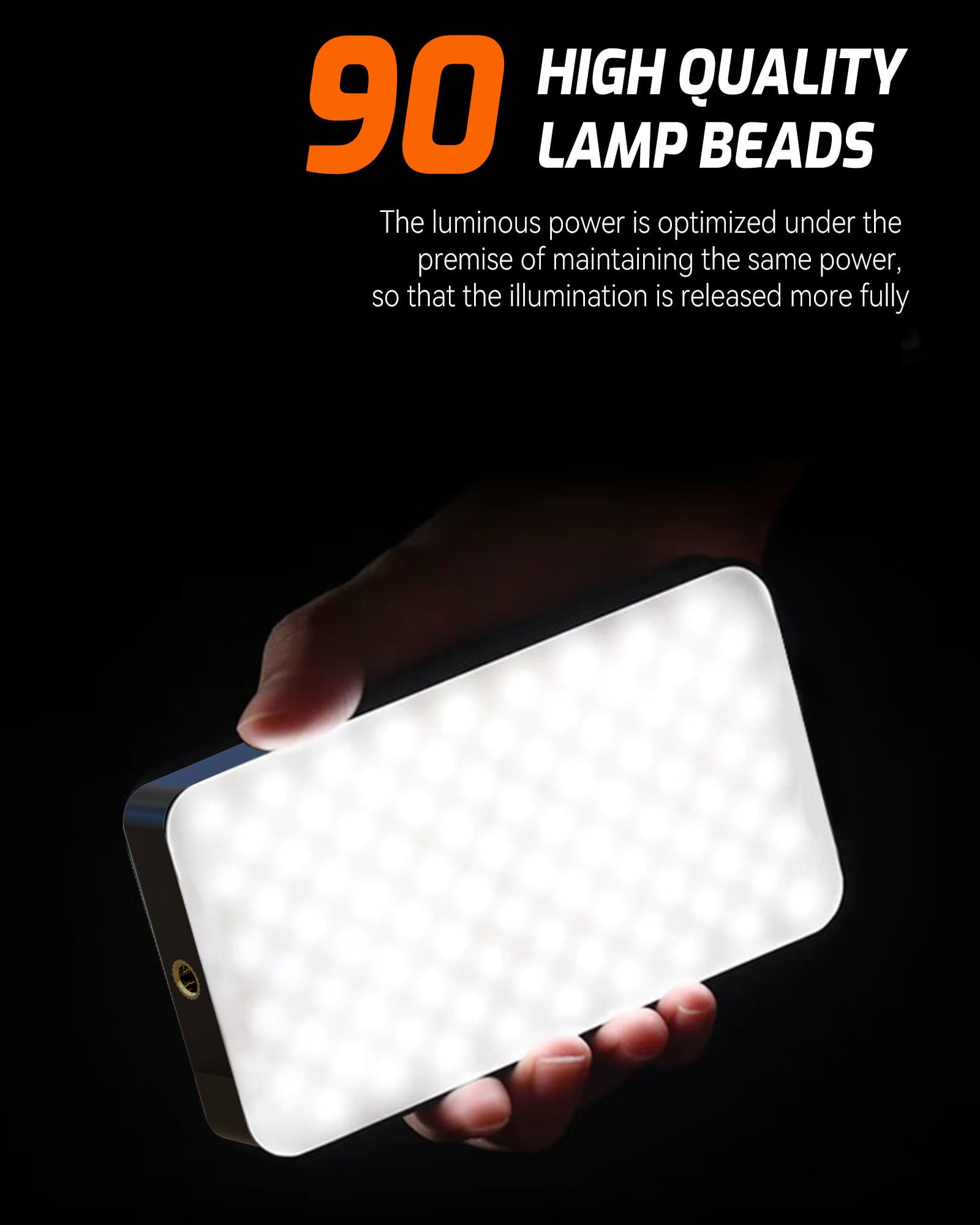 Eine Hand hält ein helles LED-Panel. Der Text lautet: 90 hochwertige Lampenperlen. Der Hintergrund ist dunkel.