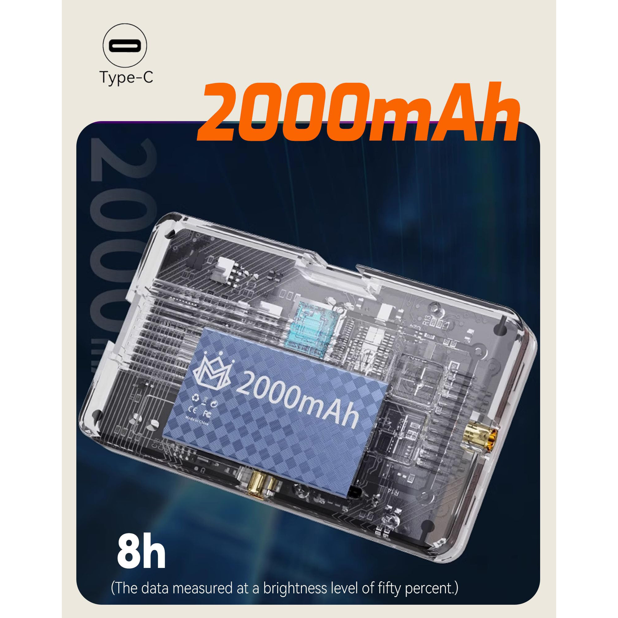 Das Bild zeigt einen Akku mit einem durchsichtigen Gehäuse. Es hat einen blauen Aufkleber mit der Aufschrift 2000mAh.