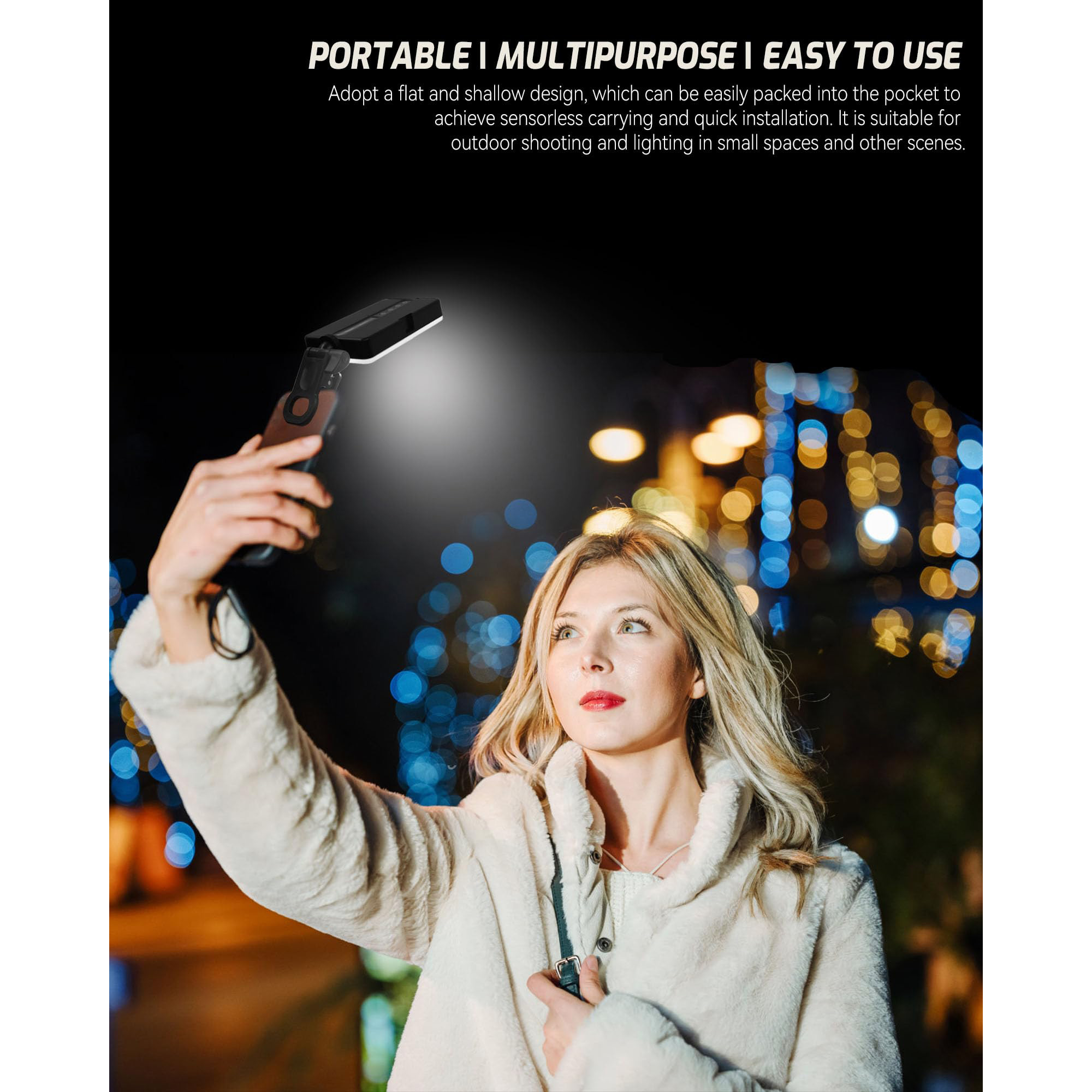 Frau mit Licht, macht Selfie. Dunkler Hintergrund mit verschwommenen Lichtern. Produktbeschreibungstext sichtbar.