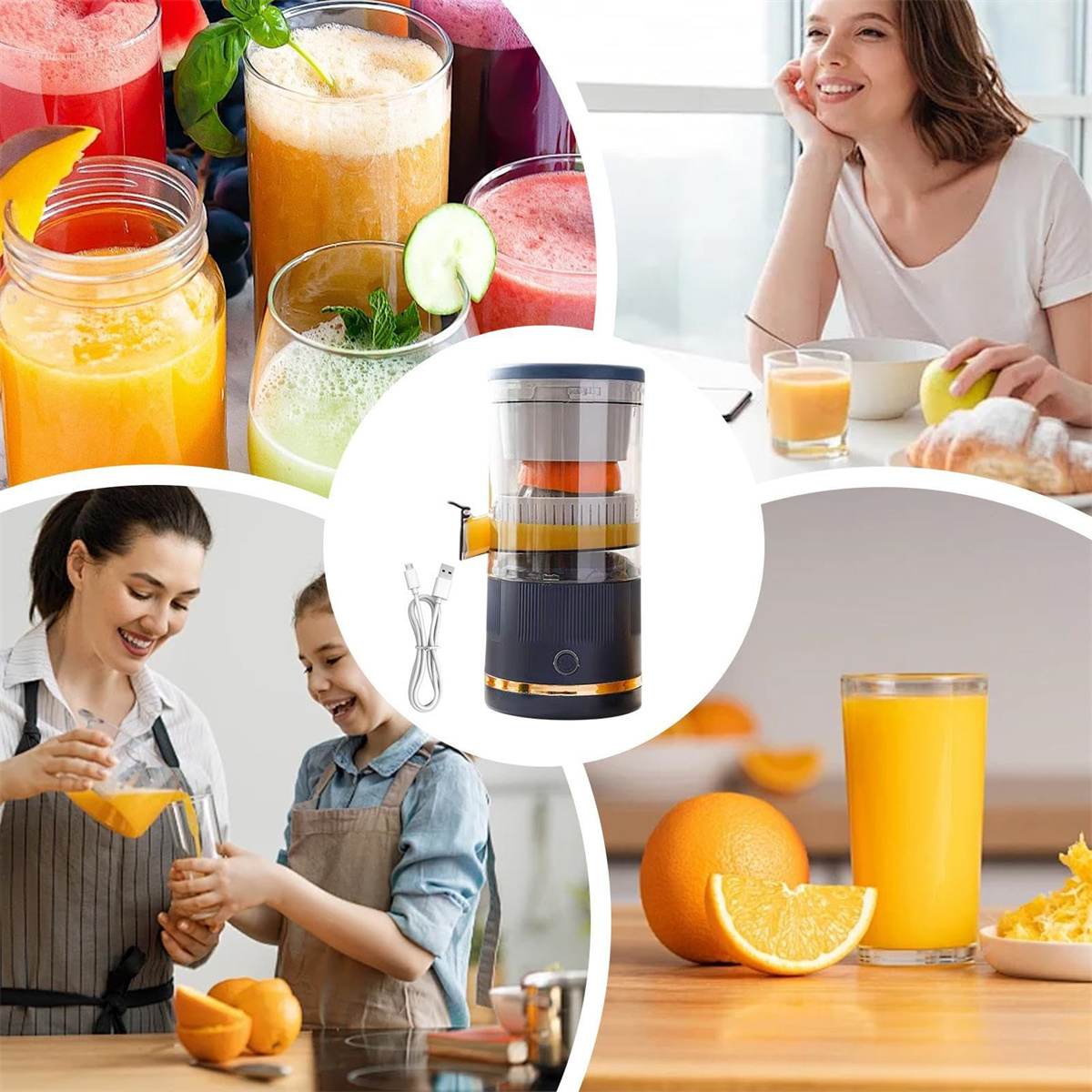 Eine Collage von Bildern: Entsafter, Früchte, Saftgläser und Menschen, die den Saft genießen. Verschiedene Szenen.