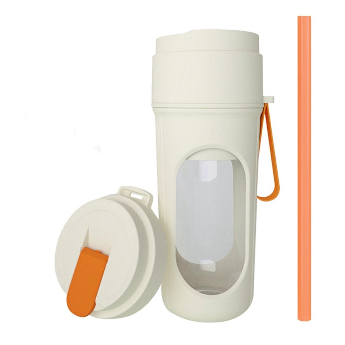 Eine weiße Wasserflasche mit einem orangefarbenen Strohhalm und einer orangefarbenen Lasche auf dem Deckel. Der Deckel ist offen.