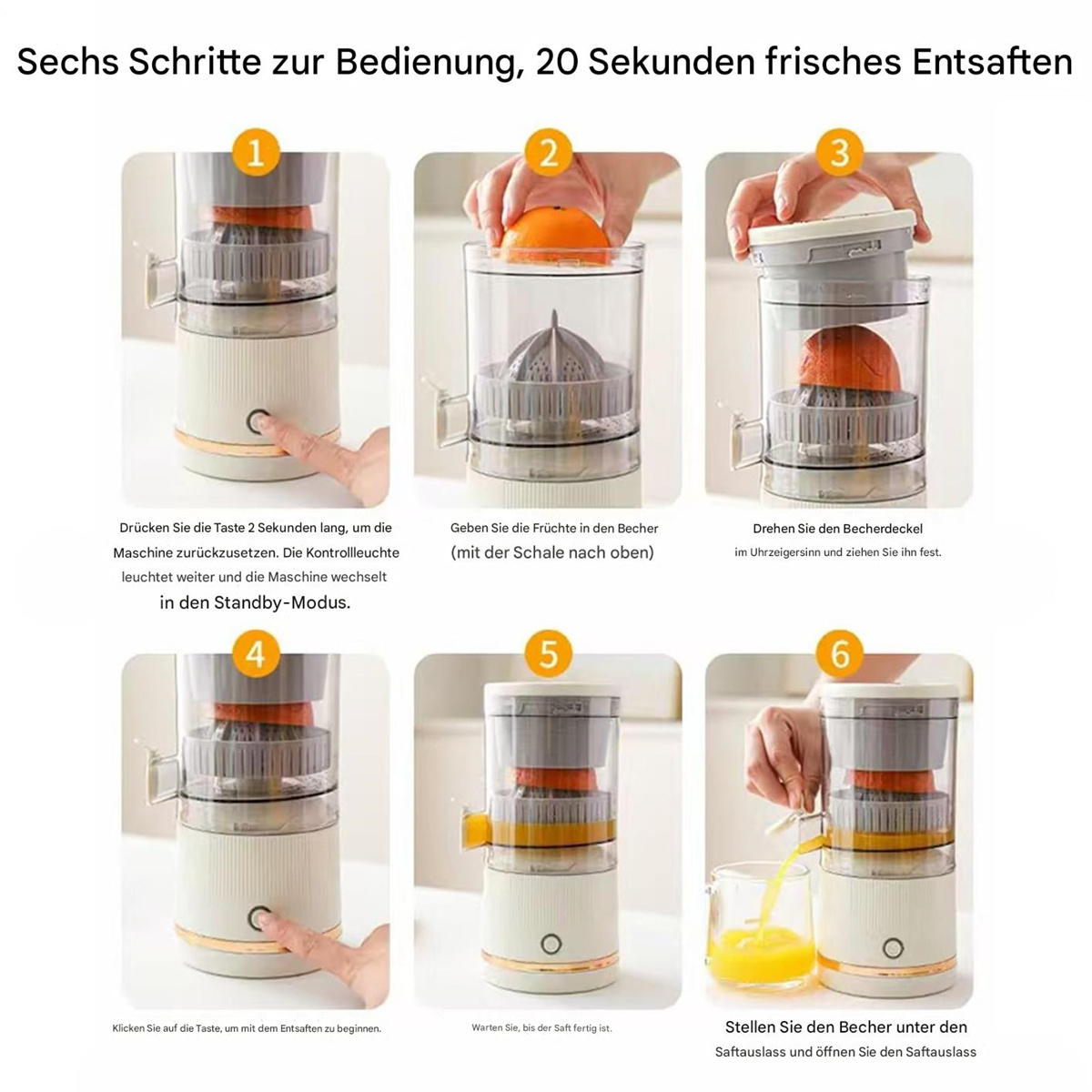 Sechs Schritte zur Bedienung eines Entsafters. Anweisungen mit Bildern, die den Vorgang der Saftzubereitung zeigen.