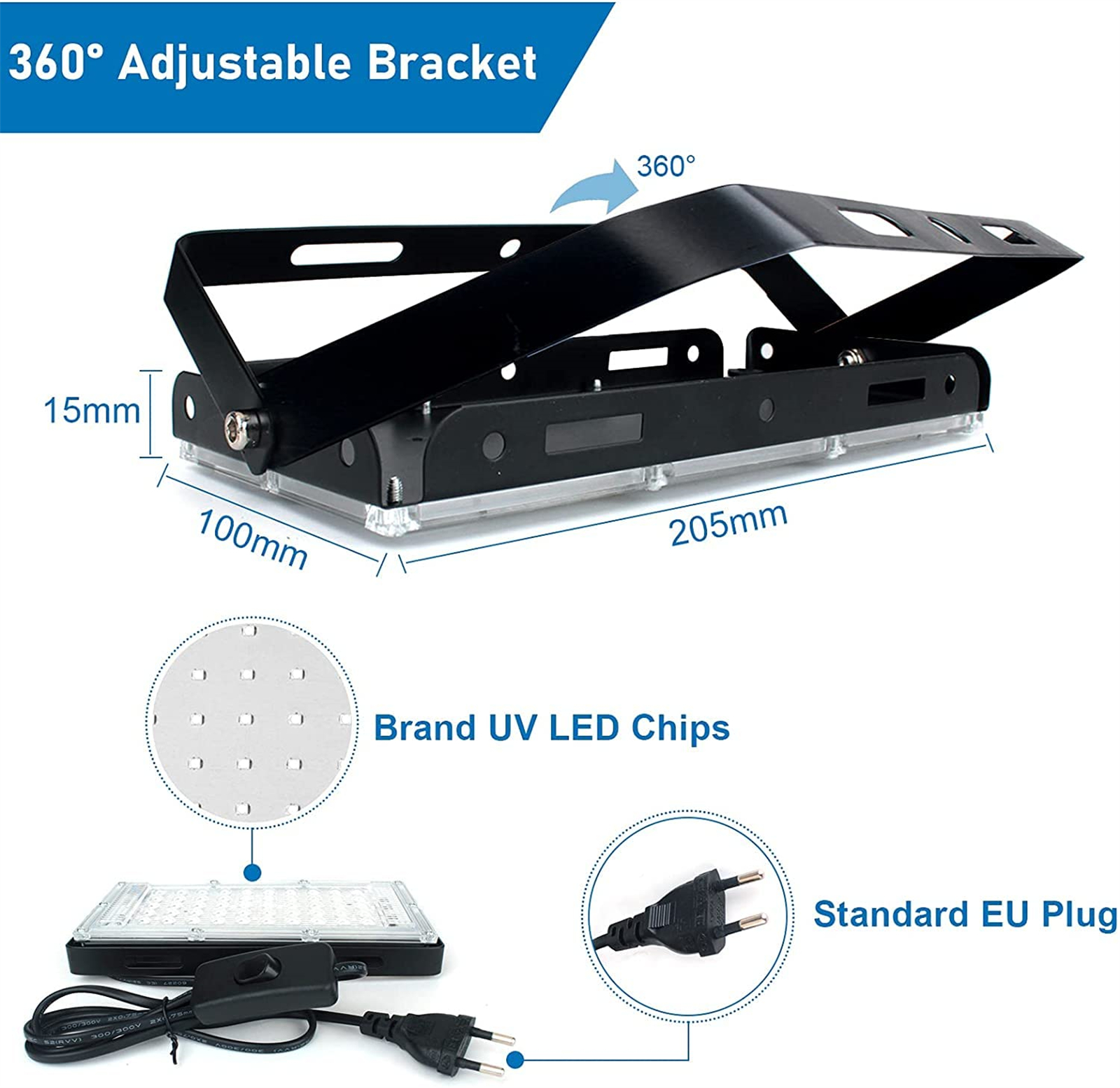 Schwarzes, verstellbares LED-Licht mit Abmessungen und einem Standard-EU-Stecker.
