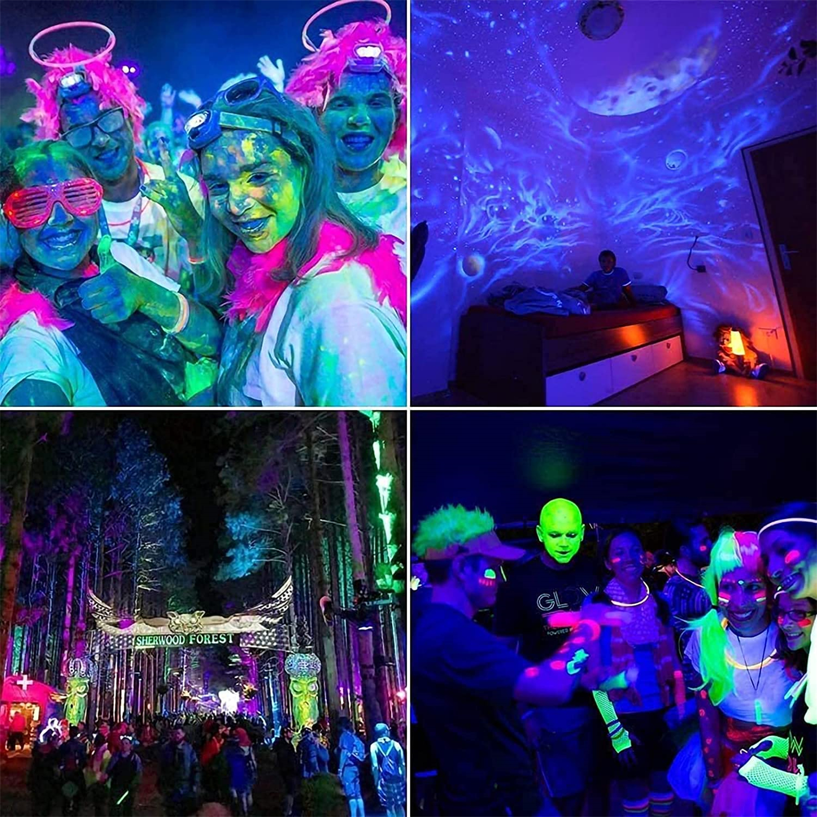 Fotos von Menschen auf einer UV-Glow-Party, mit Neonfarben und Farbe. Die Beleuchtung ist dunkel mit UV-Lichtern.