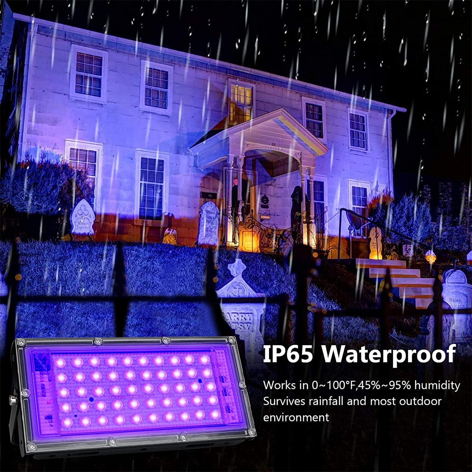 Ein Haus wird mit einem violetten UV-Licht beleuchtet. Das Bild befindet sich in einer regnerischen Umgebung. Im Hof ​​sind Grabsteine.
