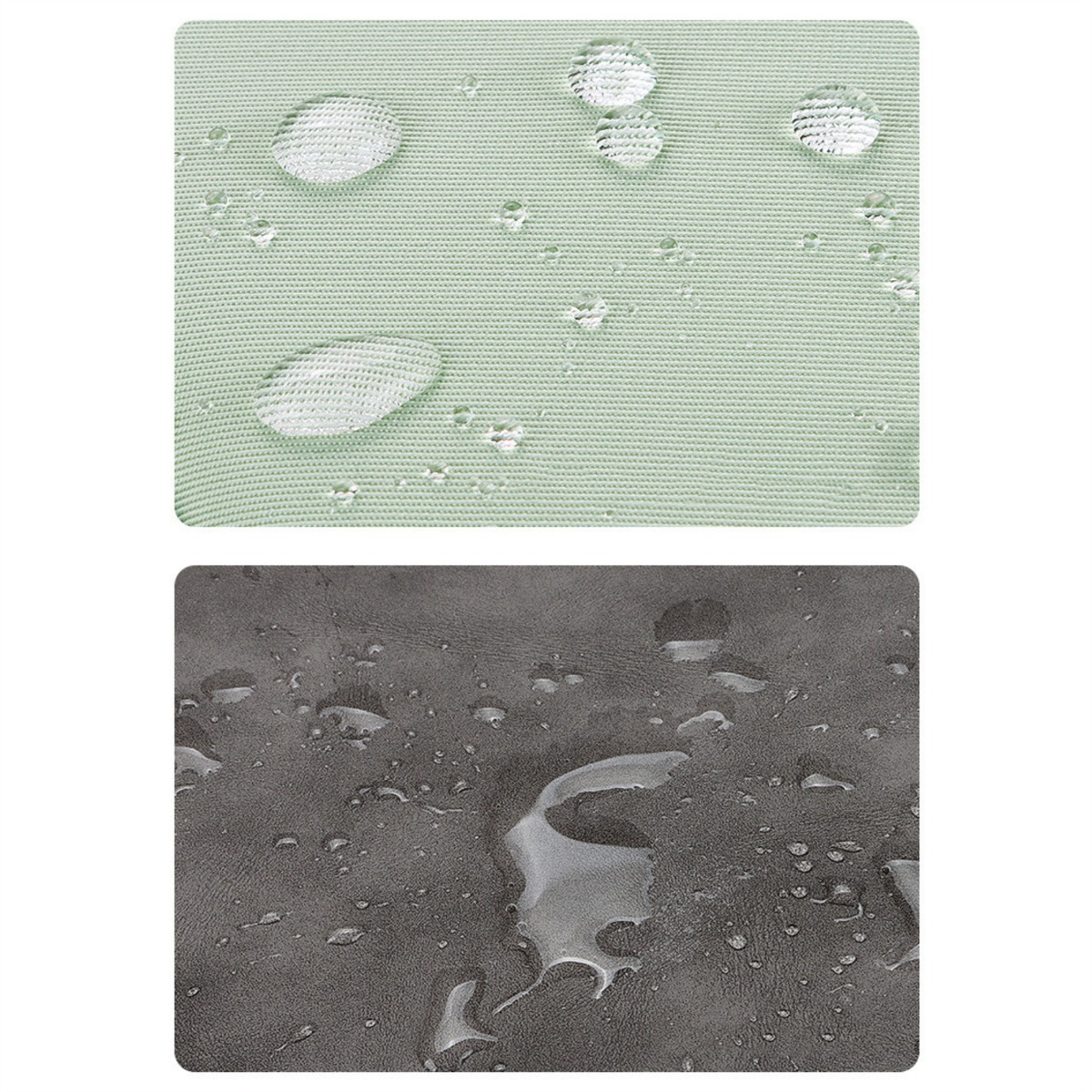Zwei Bilder von Wassertropfen auf grünen und grauen Oberflächen.