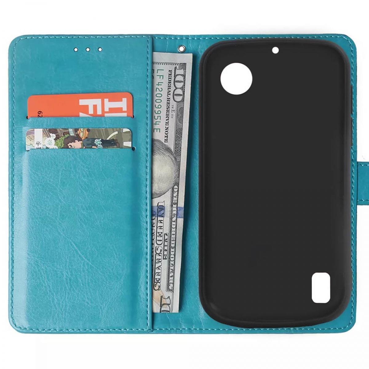 Blaue Brieftasche mit US-Dollar-Schein und Karten, mit schwarzer Telefonhülle innen.