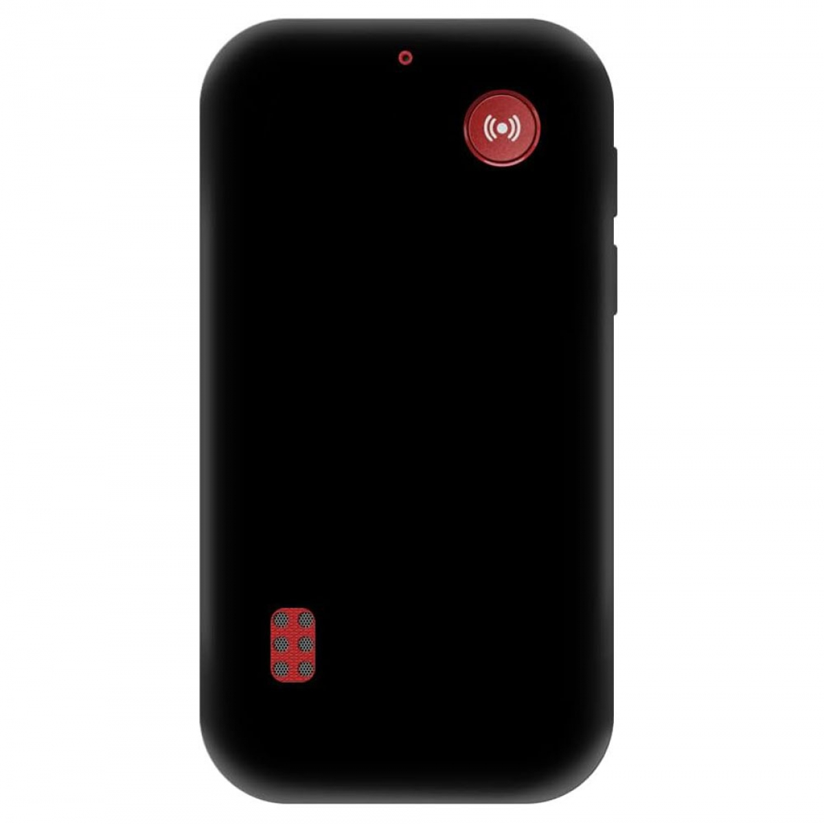 Schwarze Telefonrückseite mit rotem Knopf, Lautsprecher und Ringhalter.