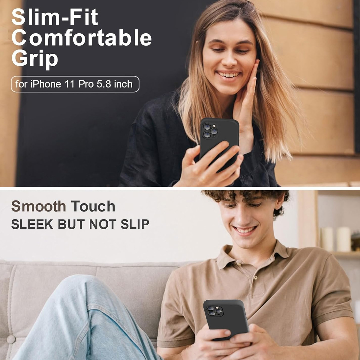 Zwei Personen halten schwarze Handyhüllen. Text: Slim-Fit, Comfortable Grip, für iPhone 11 Pro.