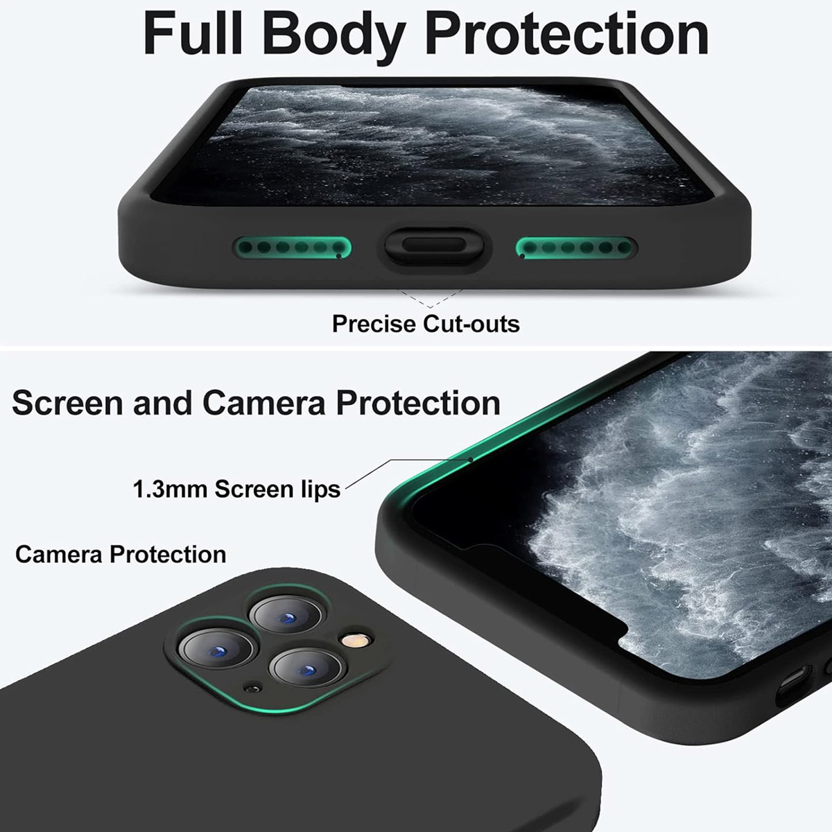Schwarze Handyhülle mit Aussparungen. Text: Full Body Protection, Precise Cut-outs, Screen and Camera Protection.