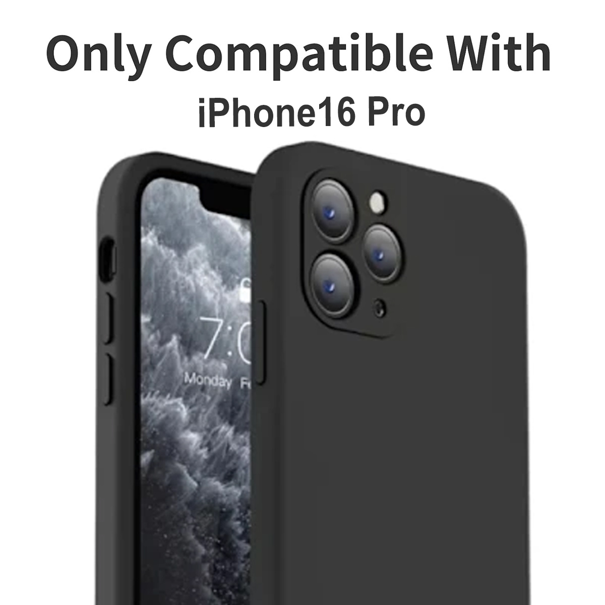 Schwarze Handyhülle mit Kamera. Text: Nur kompatibel mit iPhone 16 Pro.