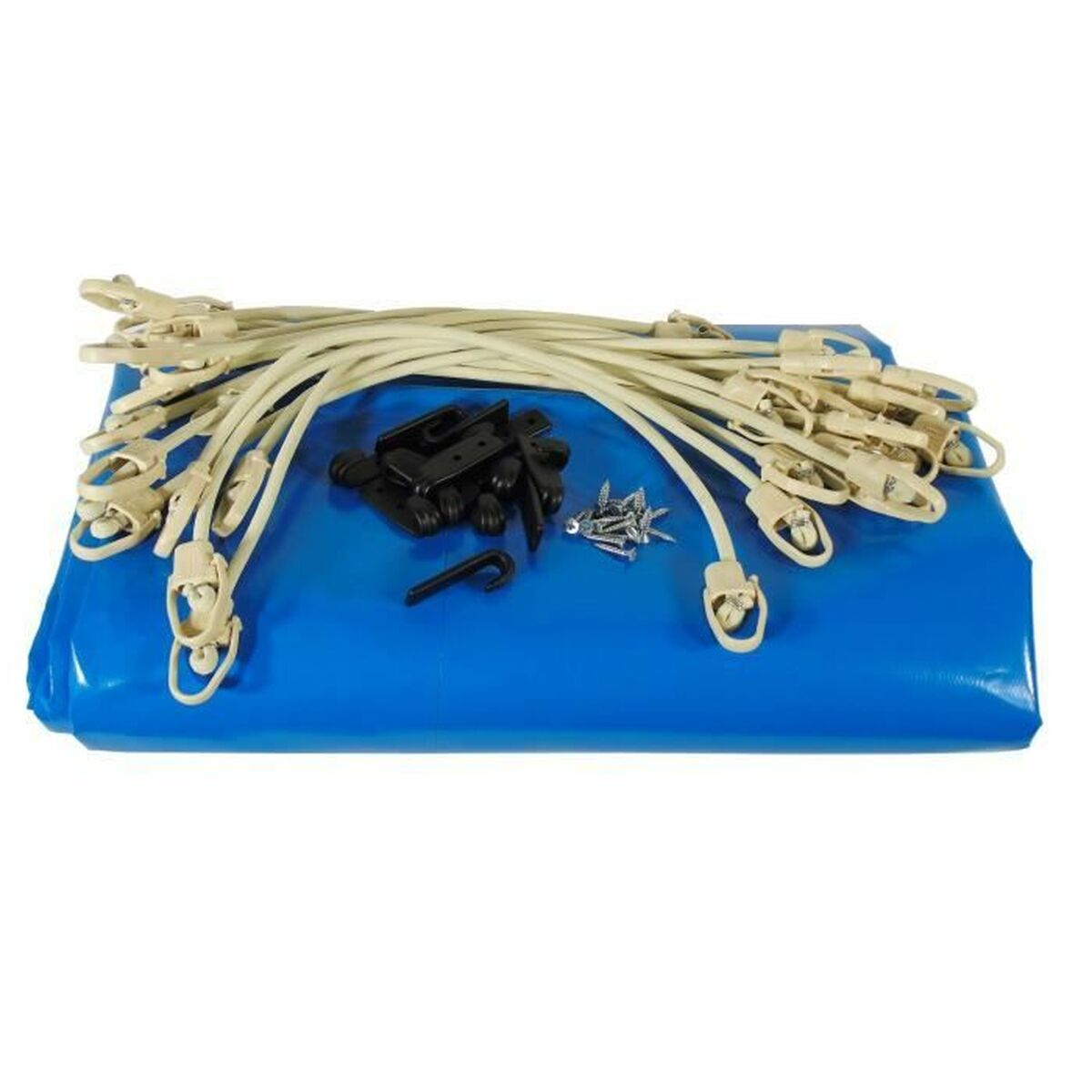 Blauplane mit beigefarbenen Clips, schwarzen Haken und silbernen Schrauben, bereit zum Aufbau.